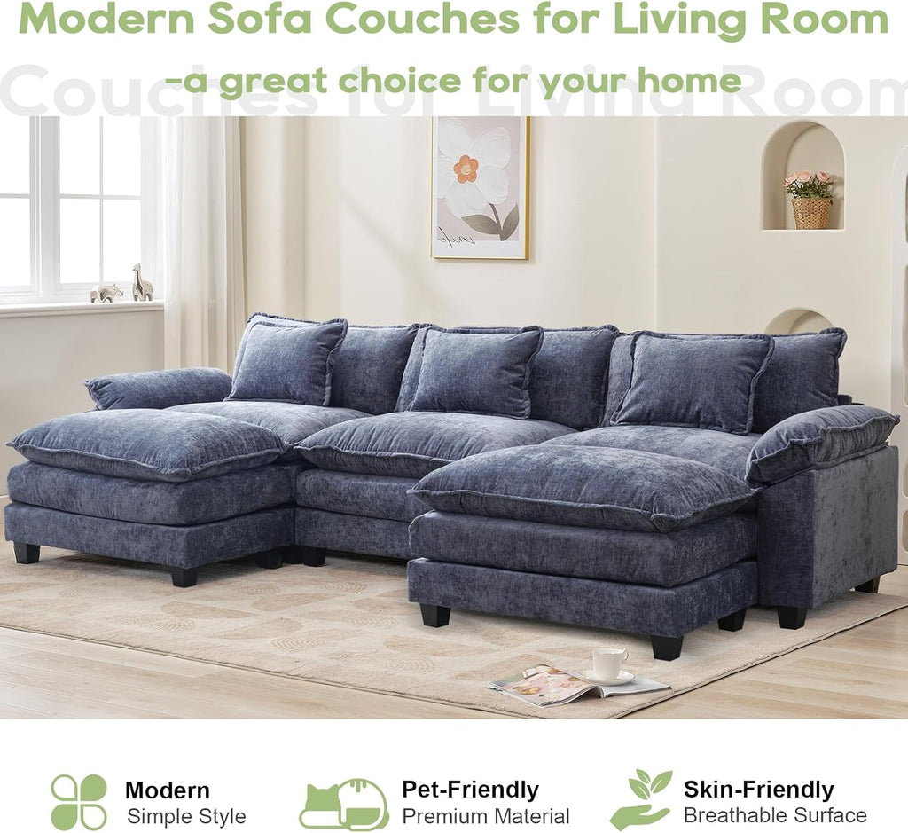 Oprisen 120' Modular Sectional Sofa, Comfy Cloud Couch Sectional Sofa with Ottoman, Chenille Sofa Sleeper Deep Seat Sofa with Throw Pillows for Living Room (Blue, 120'- U Shape)