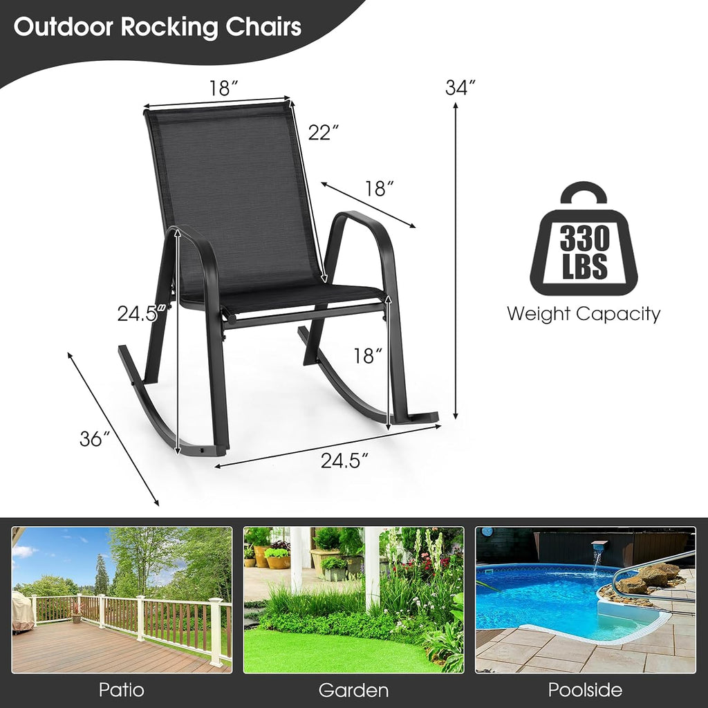 Giantex Outdoor Rocking Chairs Set of 2, Patio Rocking Chairs w/Breathable Seat & Back, Heavy-Duty Metal Support, Ergonomic Outside Rocker for Backyard, Poolside, Garden (2, Black)