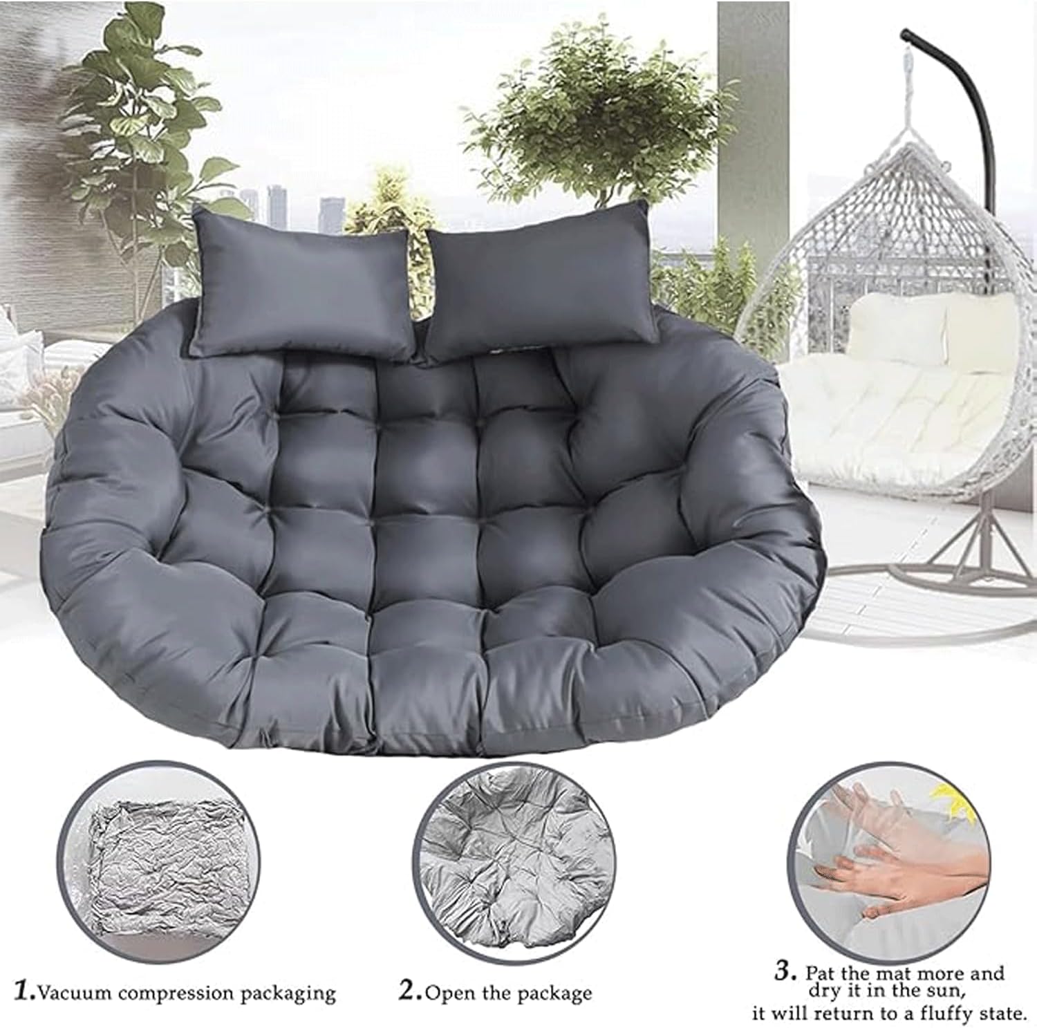 Hanging Basket Cushion，Waterproof Outdoor Swing Chair Cushion with High Elasticity Cotton and Skin Friendly Fabric, Suitable for Outdoor Hanging Baskets (with 2 Pillows)(59in*39in, Black)