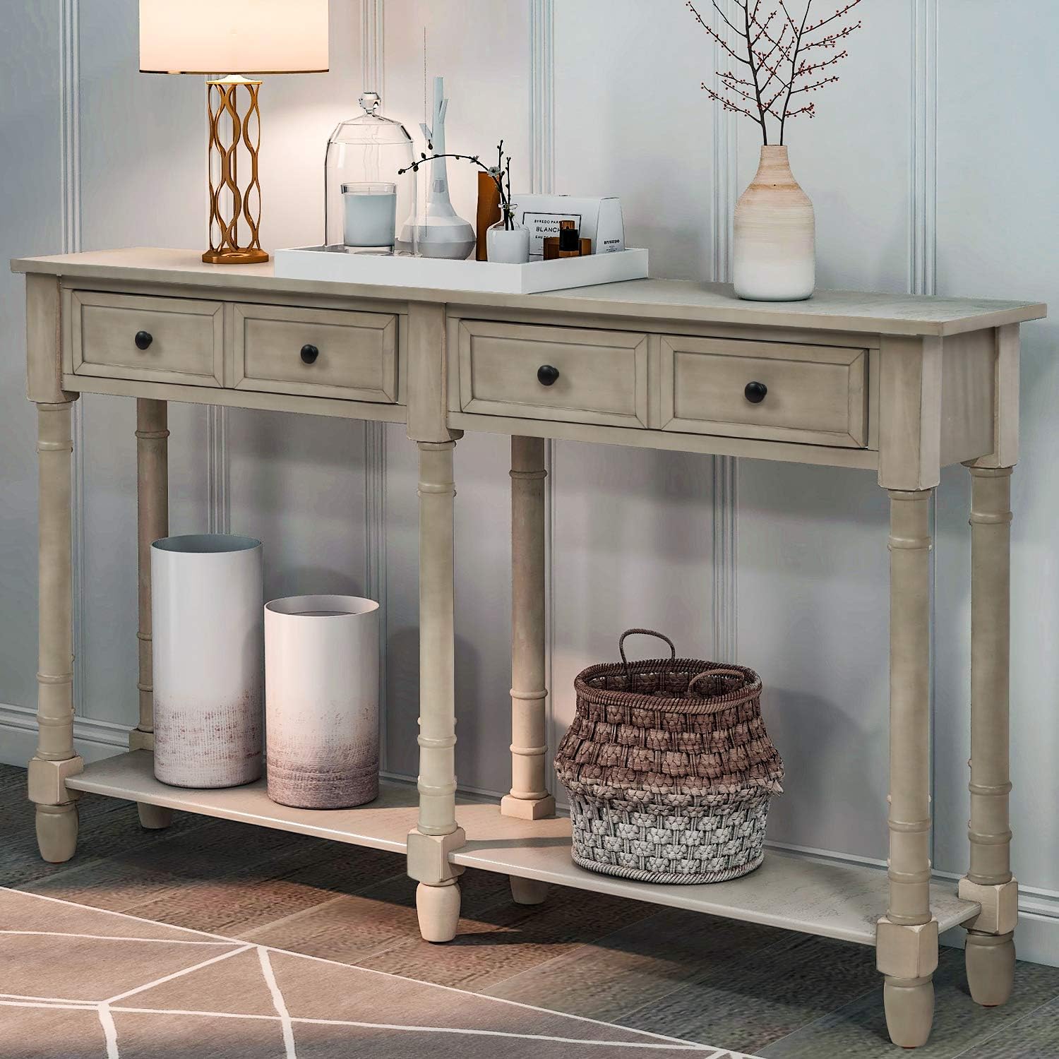 Merax Console Table Sofa Table with Two Storage Drawers and Bottom Shelf for Living Room, Entryway, Easy Assembly (Grey Wash)