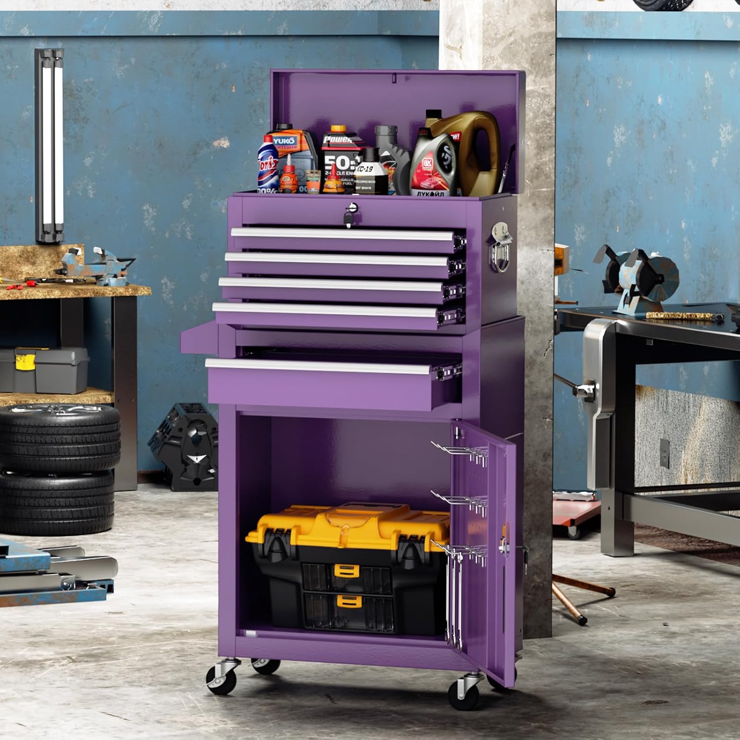 Oakcloud Heavy-Duty 5-Drawer Rolling Tool Chest & Cabinet Combo with Black Liner – Lockable Steel Garage Tool Box on Wheels – Detachable Top Toolbox & Bottom Storage Cart with Side Hooks, Purple