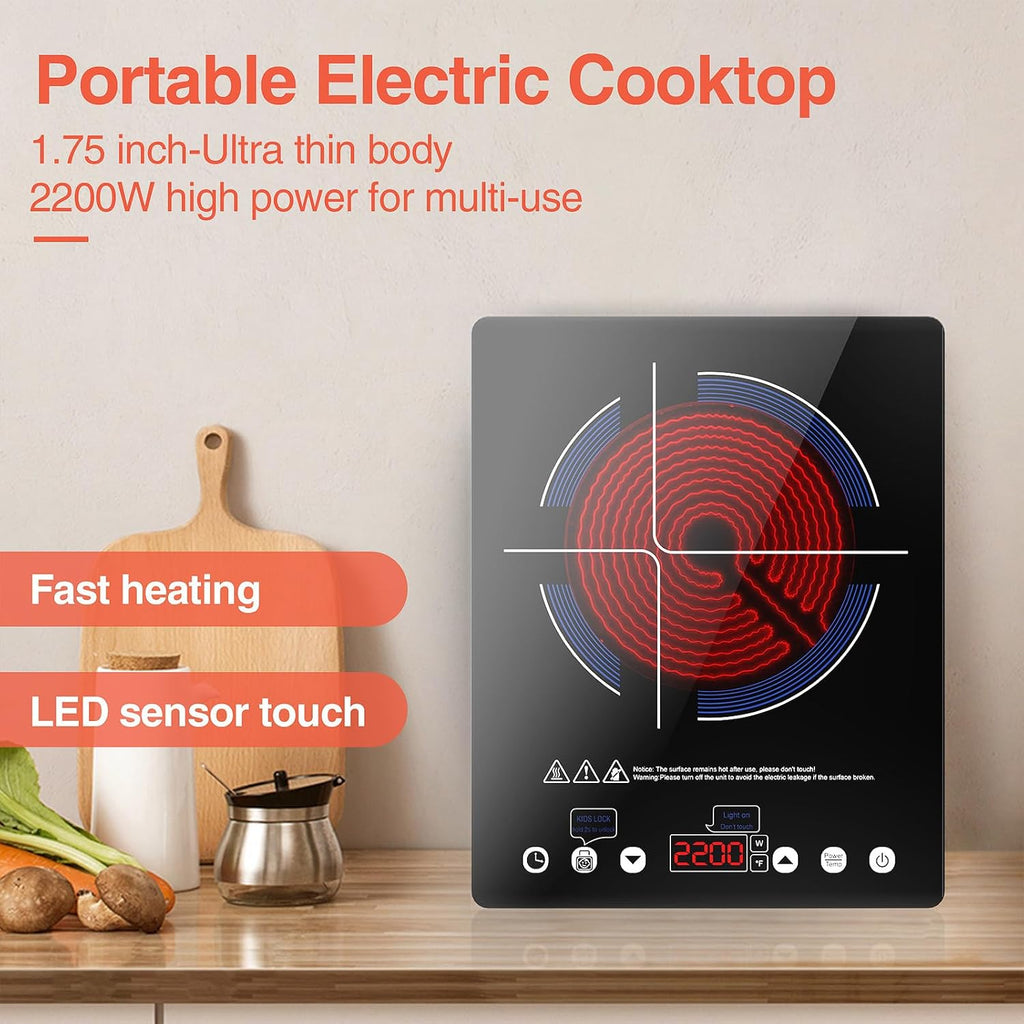 2200w Ceramic Hob, 9 Power Levels Electric Cooktop, Portable Induction Cooktop, Hot Plate With Slide And Touch Control, 8 Preset Cooking Modes, 4-hours Timer, Safety Lock And Overheat Protection