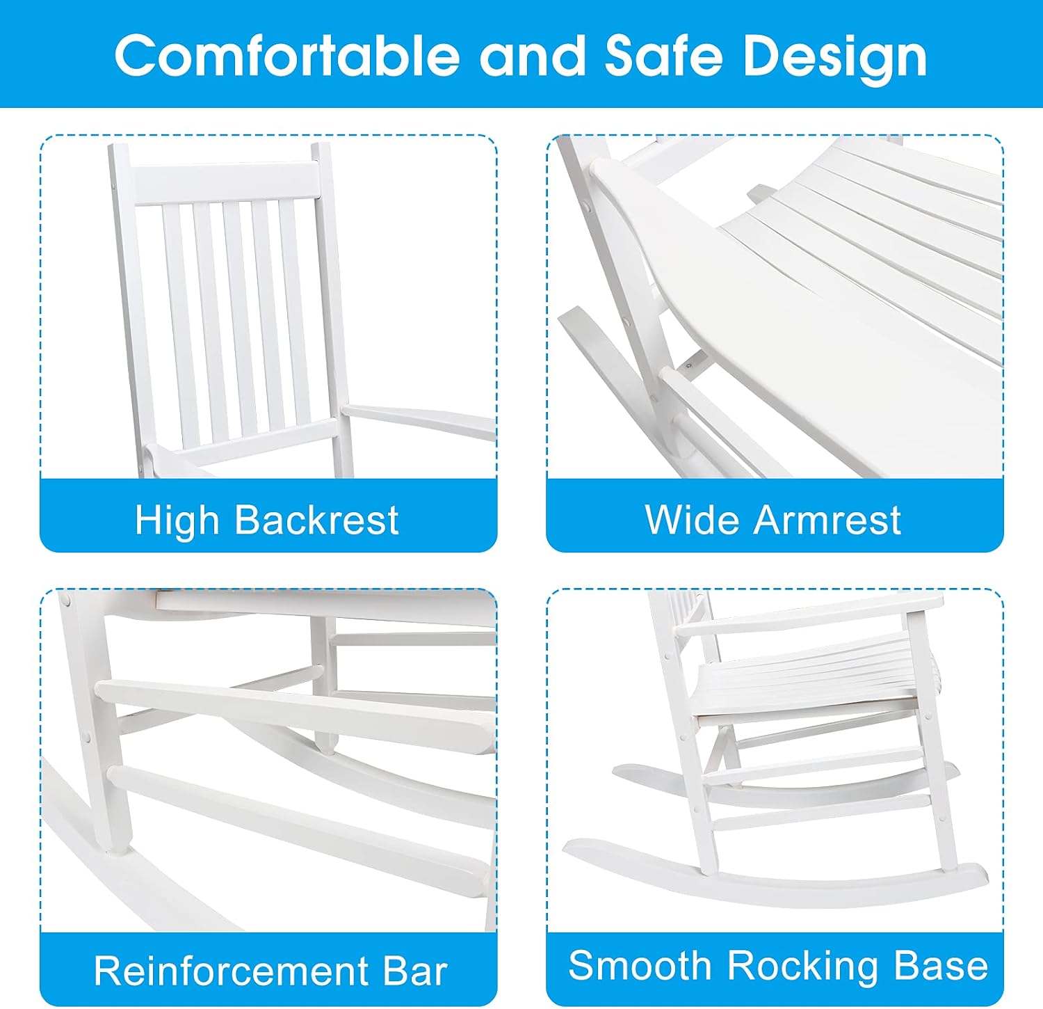 Rocking Chair Wooden Frame Chair Indoor and Outdoor Fade Resistant Rocker with 350lbs Weight Capacity All Weather Porch Rocker for Garden Lawn Balcony Backyard and Patio Porch (1, White)