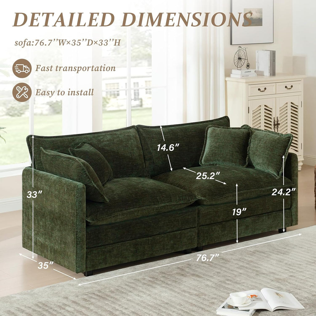 SoarFlash Chenille Sectional Sofa, Comfy Modular Loveseat Sofa, Modern 2-Seat Couch Deep Seat Sofa Set for Living Room,Green