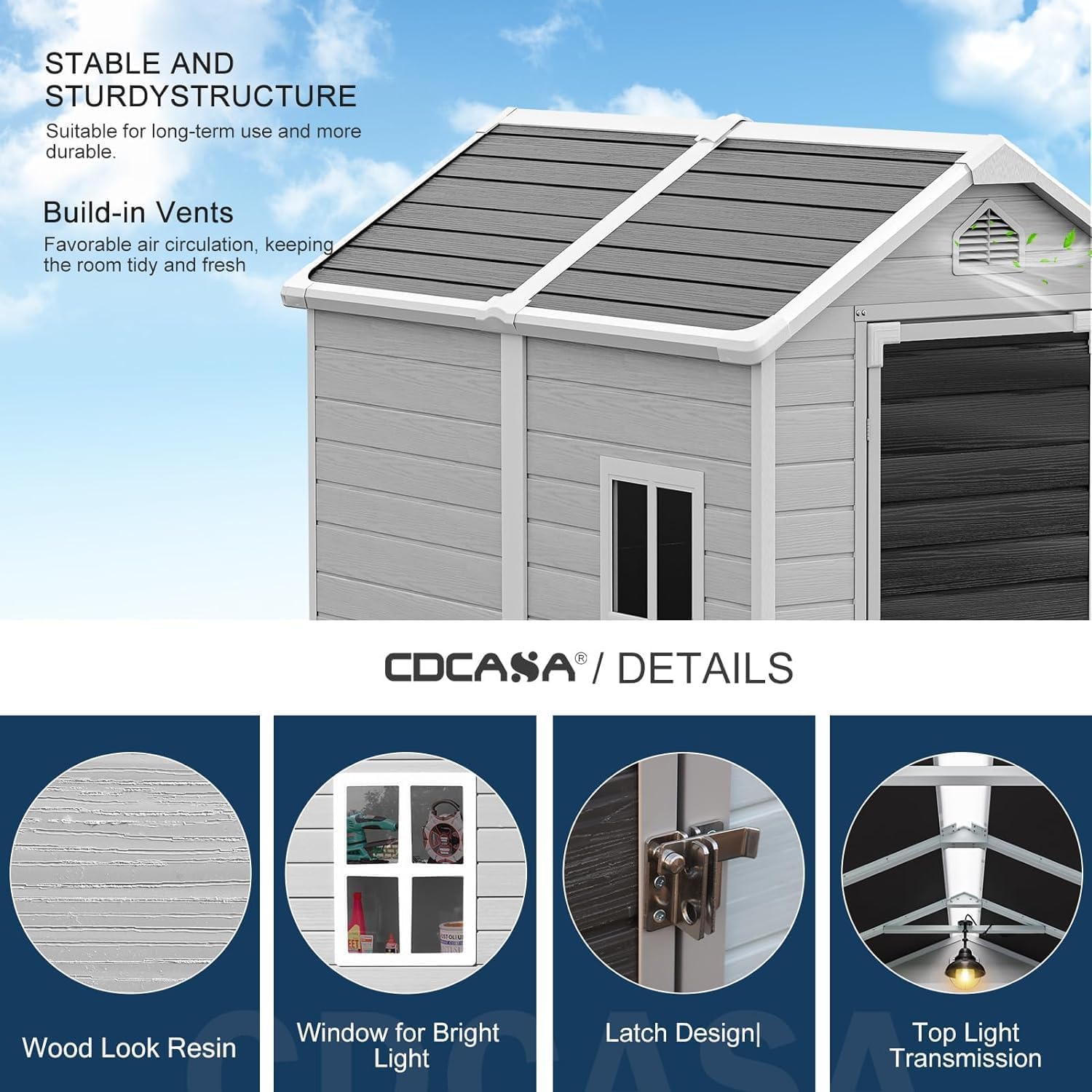 CDCASA 6x4 FT Resin Shed, Large Waterproof Outdoor Storage Sheds with Floor Included & Lockable Door & Vents, Outside Plastic Tool Shed for Backyard, Patio, Poolside, Lawn