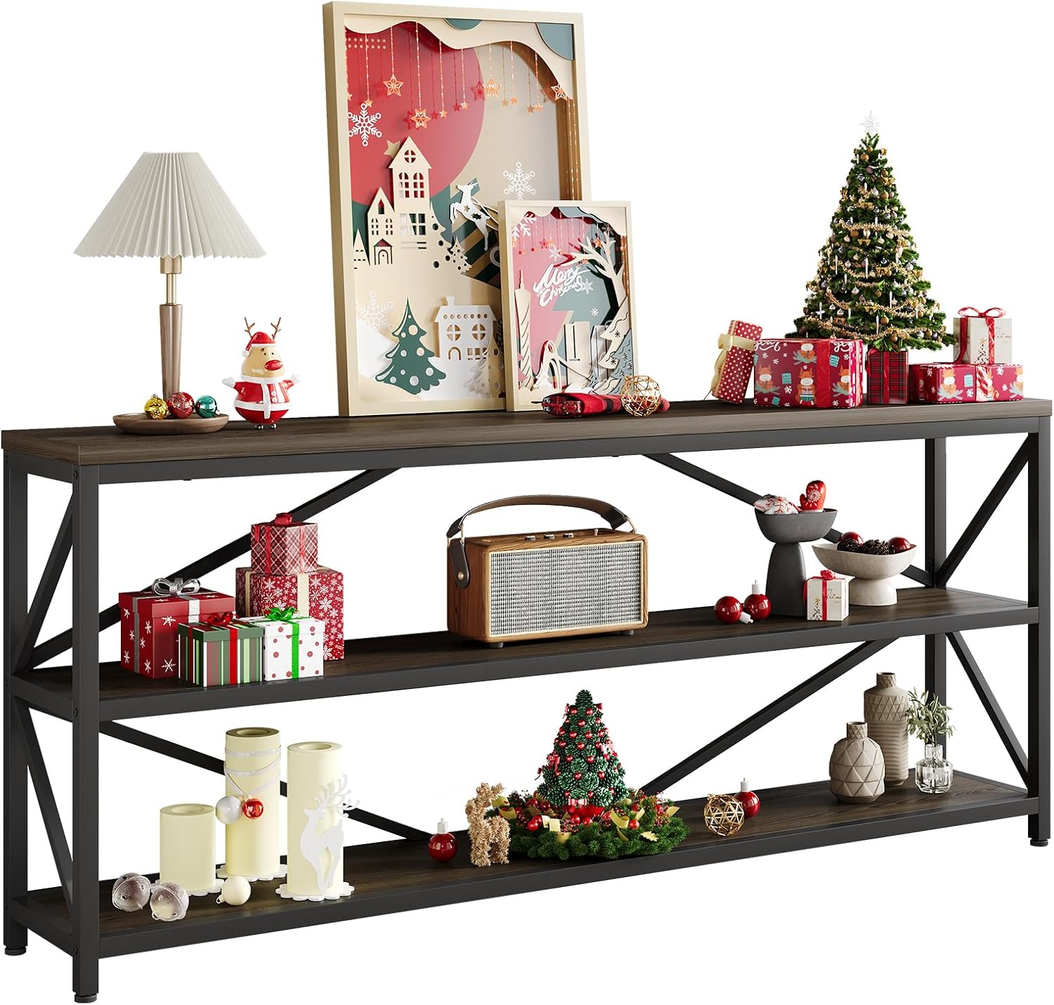 ONBRILL Industrial Console Sofa Table,70.8 Inch Extra Long Entryway Table with 3 Tier Wood Storage Shelf for Living Room, Hallway, Entrance, Narrow Sofa Table with Metal Frame, Black and Brown