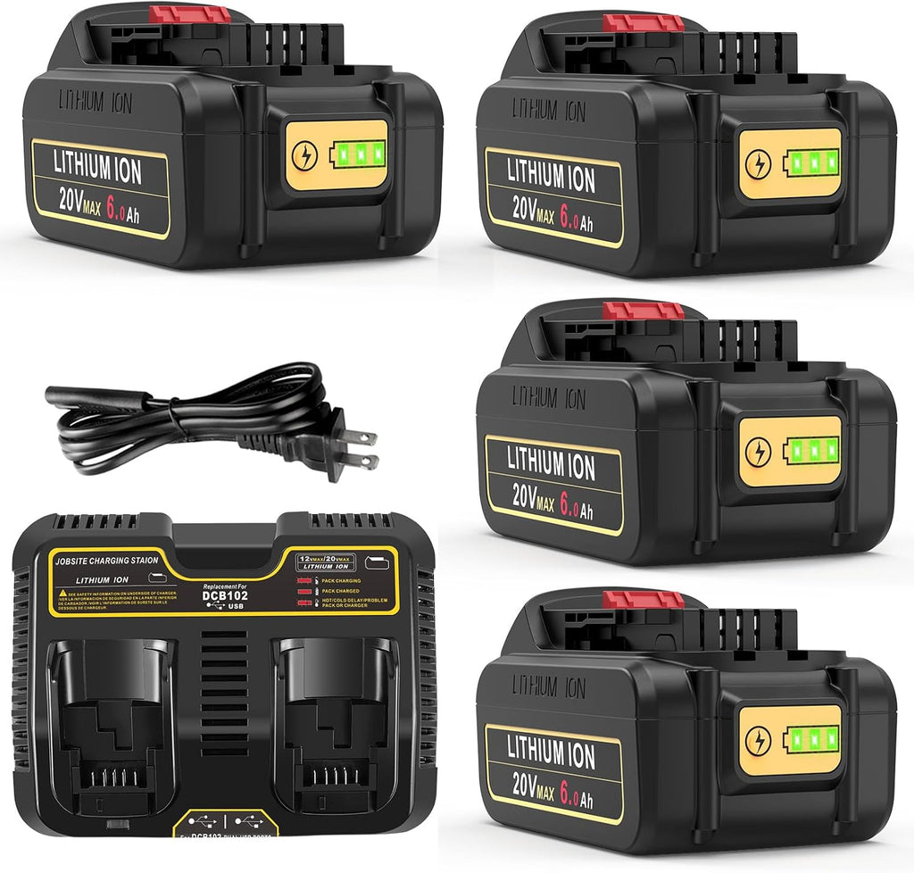 4 Packs 20V 6.0Ah Battery with DCB102 2-Port Fast Charger Combo Compatible for DeWalt 20V Max Battery DCB206 DCB205 DCB207 DCB208, Compatible with DeWalt 20 Volt DCD/DCF/DCG/DCS Cordless Power Tools
