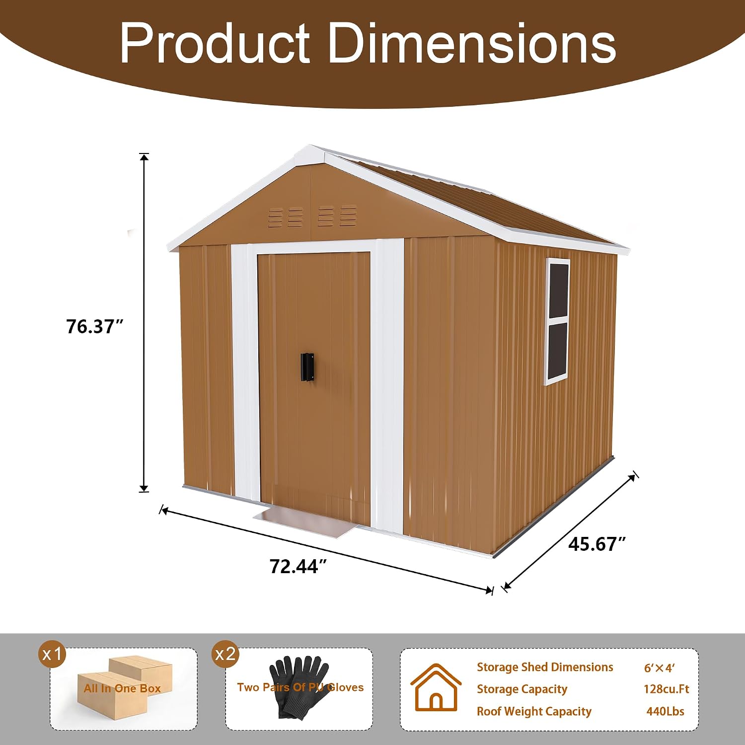 6x4 FT Outdoor Steel Storage Shed with Clear Windows, Sliding Lockable Door & Ventilation, Brown and White Weather-Resistant Metal Tool Shed for Garden, Backyard, Lawn, and Utility Storage