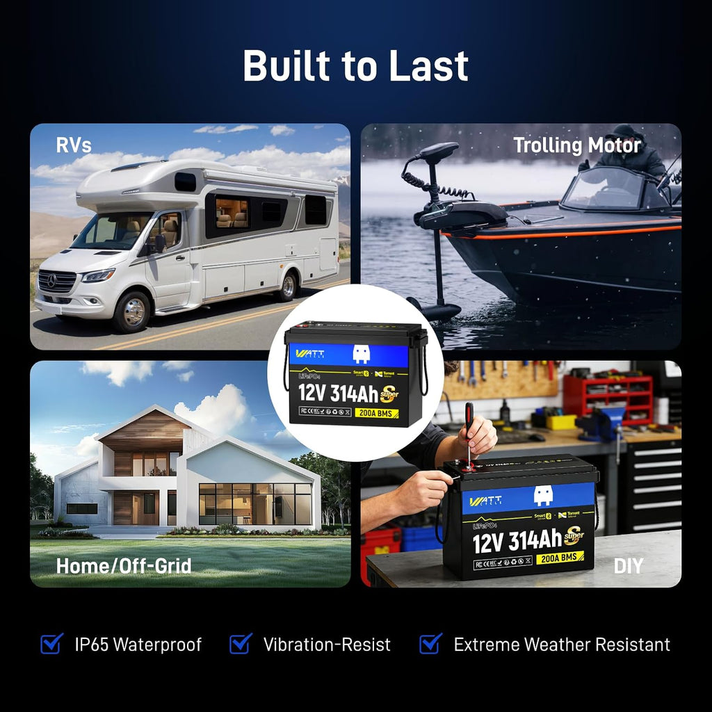 Wattcycle 12V 314Ah Mini LiFePO4 Battery, 12V Super Mini Lithium Batterys with Bluetooth, Built-in 200A BMS, 3A Active Balancer, 4-in-1 Smart Switch, 4.01kWh 6000+ Deep Cycles Battery for RV, Solar