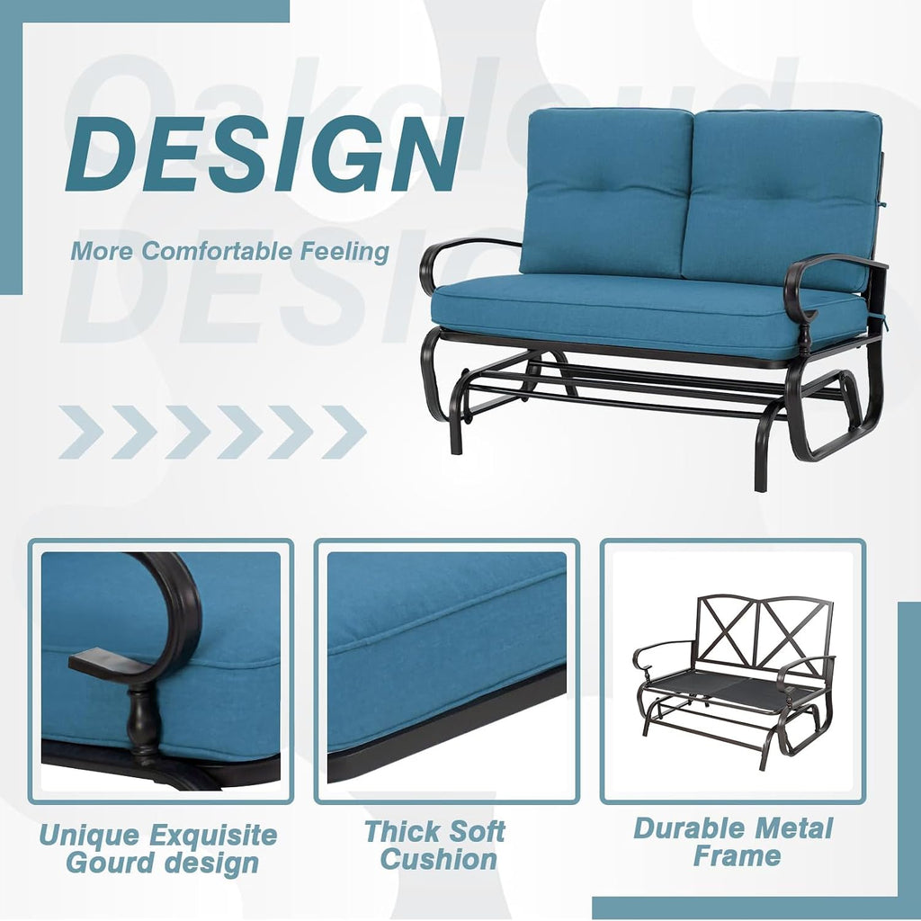 Outdoor Glider Rocking Bench 2 Person Patio Loveseat Steel Frame Furniture Set for Patio, Garden, Yard, Porch with Resistant Cushions (Peacock Blue)