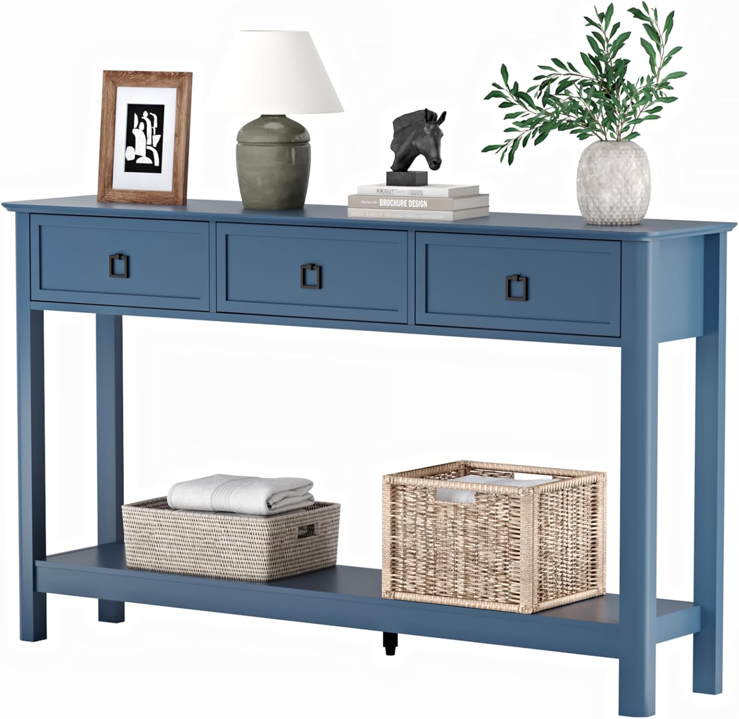 Treocho 53.1' Console Table with 3 Drawers, Modern Entryway Table, 2-Tier Narrow Long Sofa Table Behind Couch Table for Living Room, Hallway, Blue