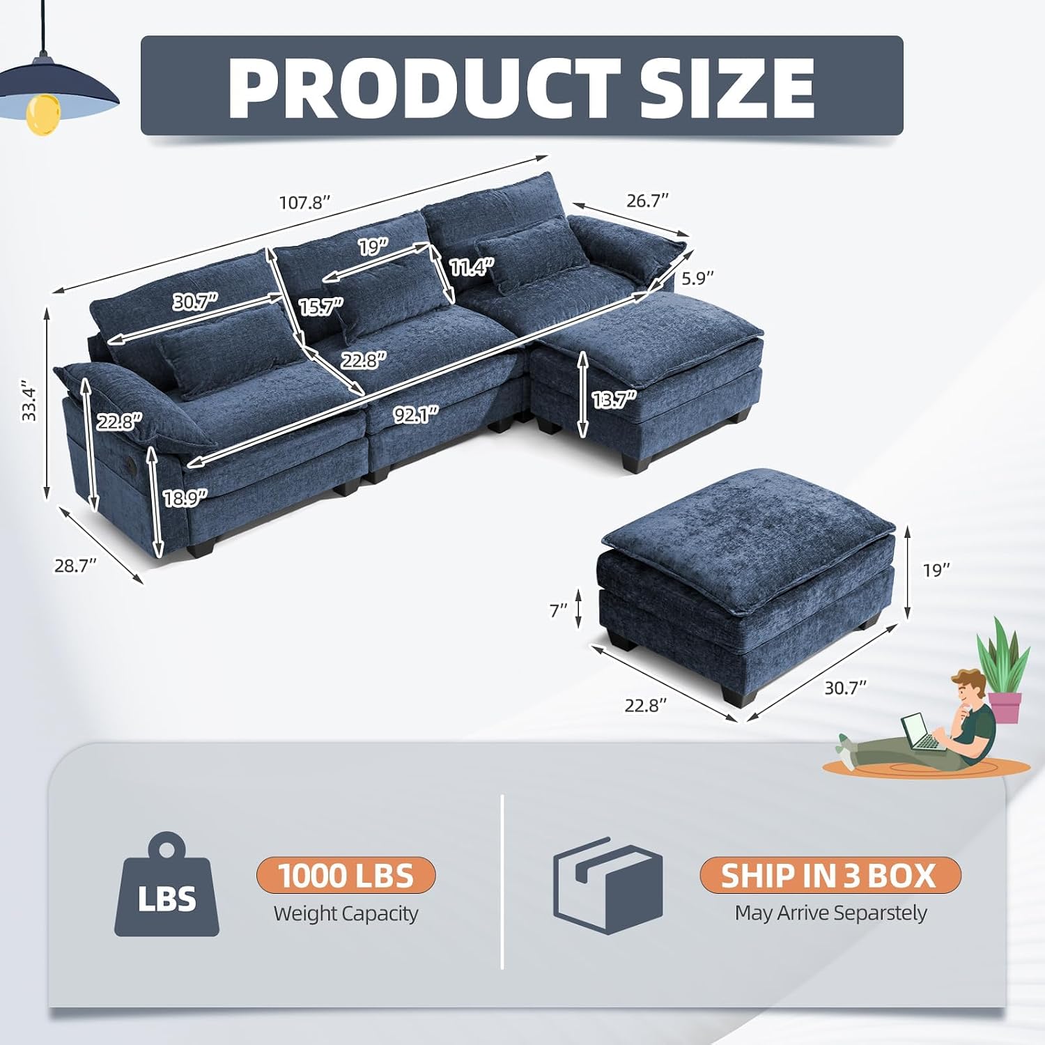 108' Modular Sectional Sofa, Comfy Cloud Couch with Ottoman & USB Port for Living Room, L Shaped Modern Chenille Couches for Bedroom, Apartment, Blue