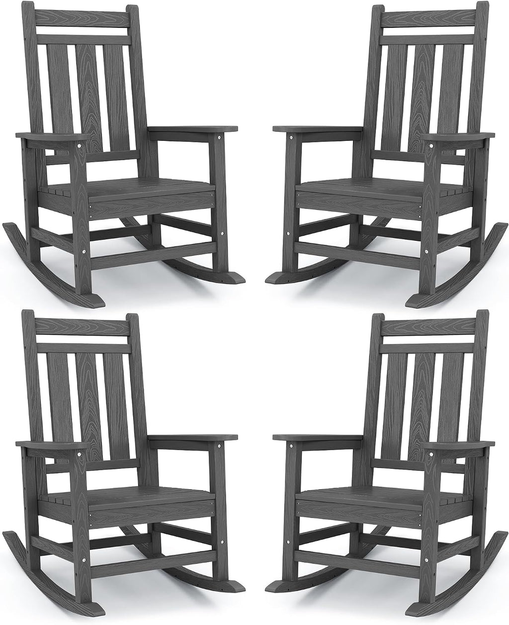 KINGYES Oversized Outdoor Rocking Chair Set of 4, All-Weather Patio Rocking Chairs for Porch, HDPE Outdoor Patio Rockers with High Back & Wide Seat for Garden, Lawn, Gray