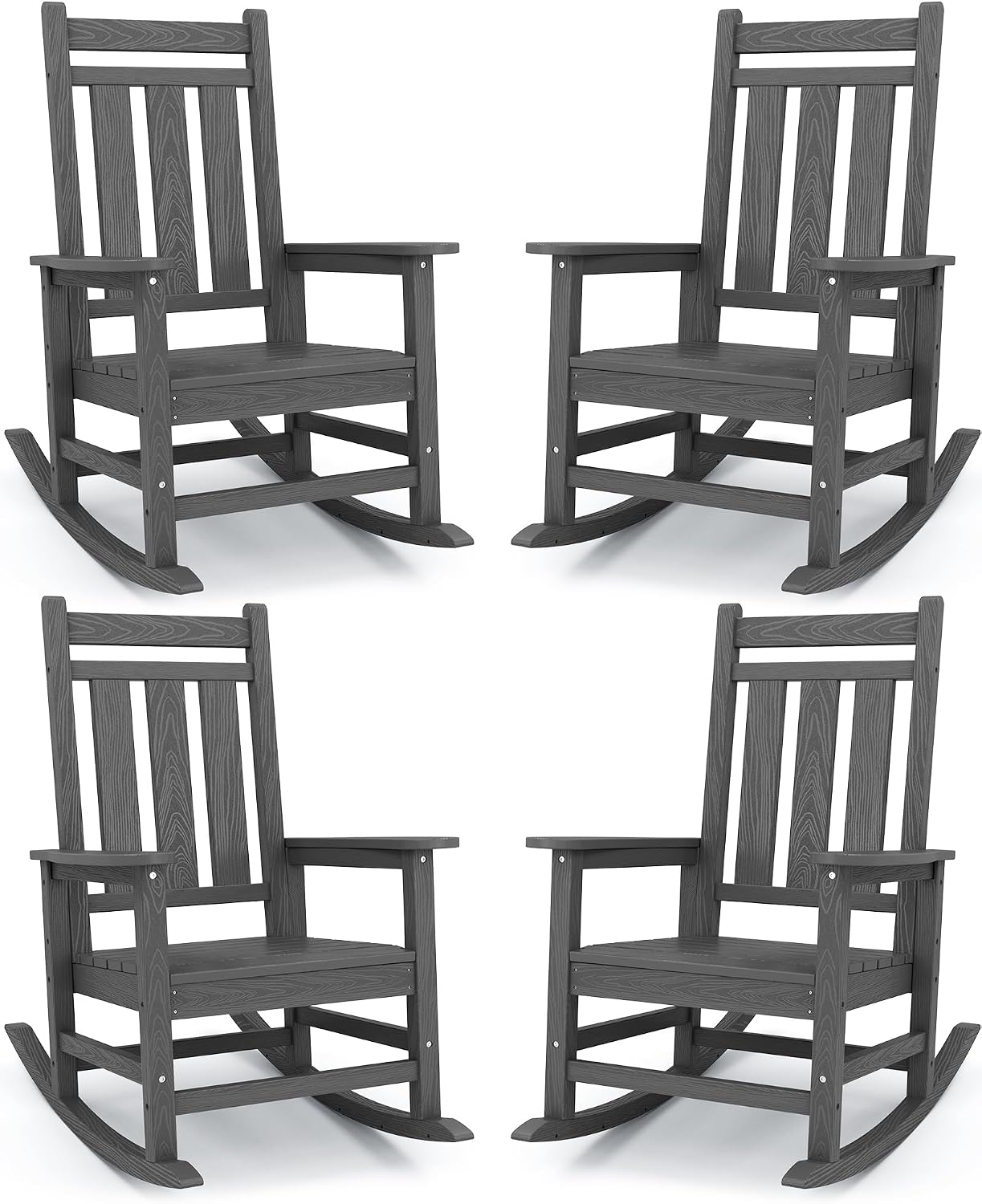 KINGYES Oversized Outdoor Rocking Chair Set of 4, All-Weather Patio Rocking Chairs for Porch, HDPE Outdoor Patio Rockers with High Back & Wide Seat for Garden, Lawn, Gray