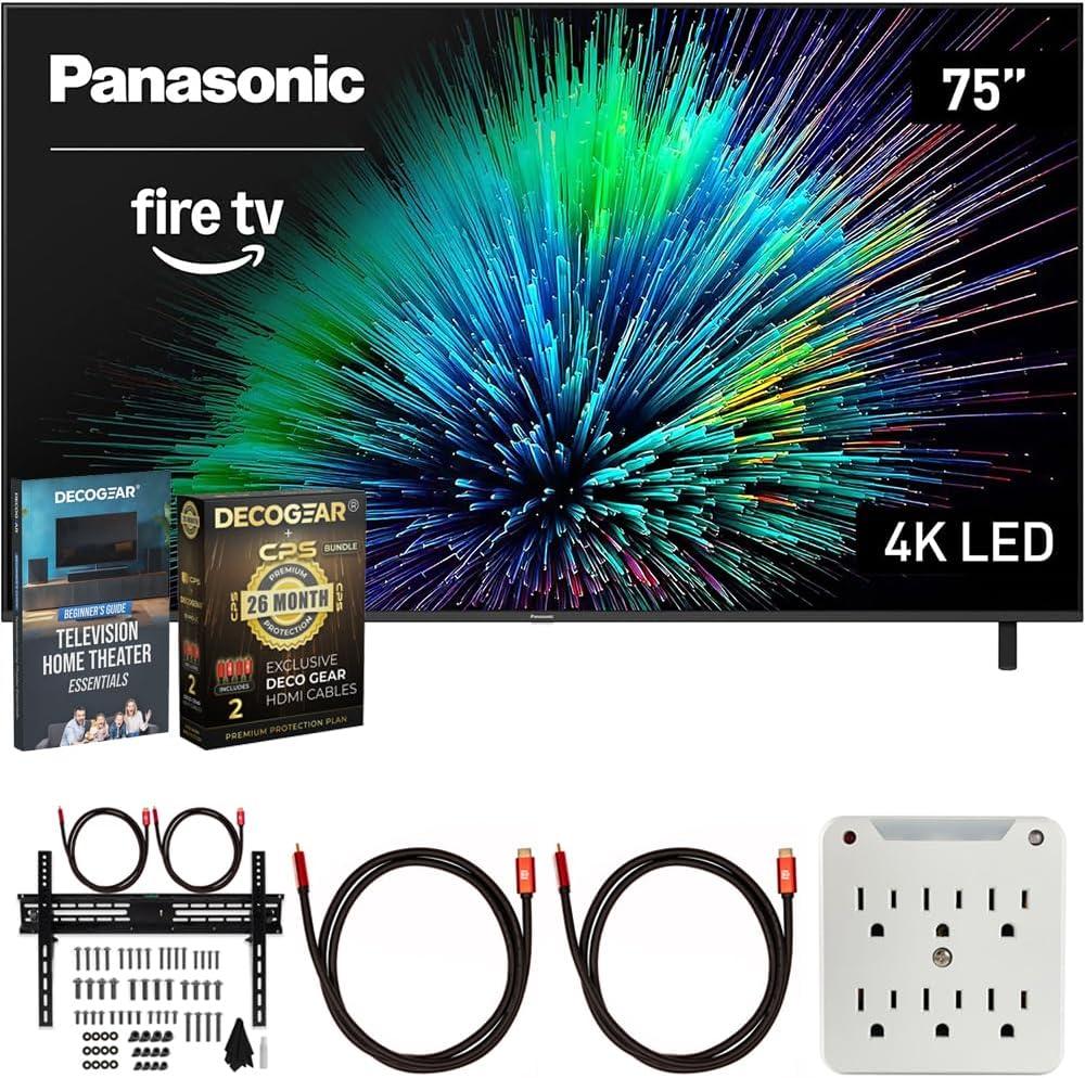 Panasonic TV-75W70BP W70 Series 75 inch LED 4K Ultra HD Smart Fire TV Bundle with 2X HDMI 2.0 Cable, TV Wall Mount, 6-Outlet Surge Adapter, Theater Essentials and Exclusive 26 Month Protection Pack