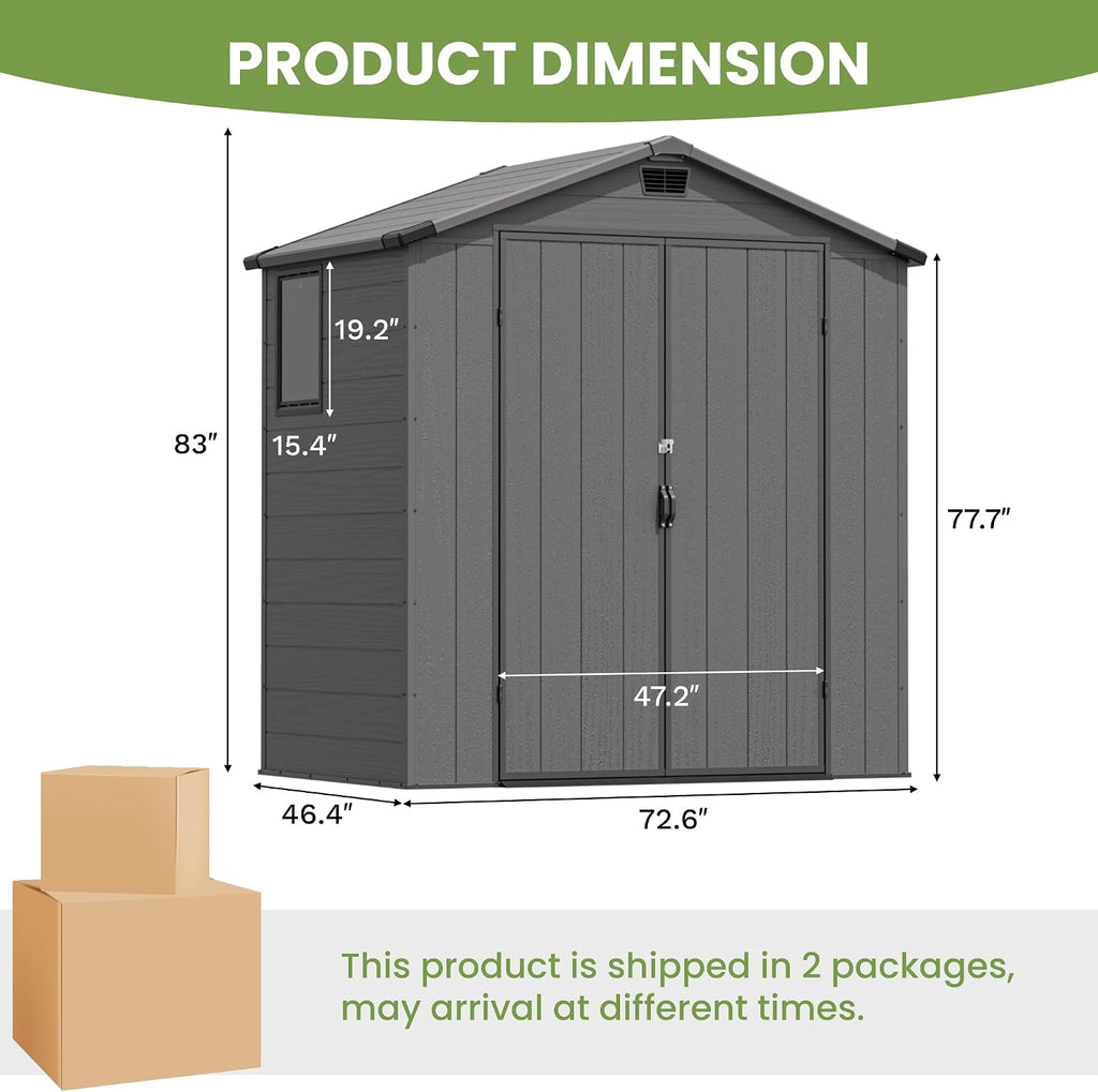 Greesum 6x4FT Plastic Outdoor Storage Shed with Floor, Resin Sheds with Lockable Double Door, Tool Sheds with Vents and Window, for Garden, Backyard, Patio, Dark Gray