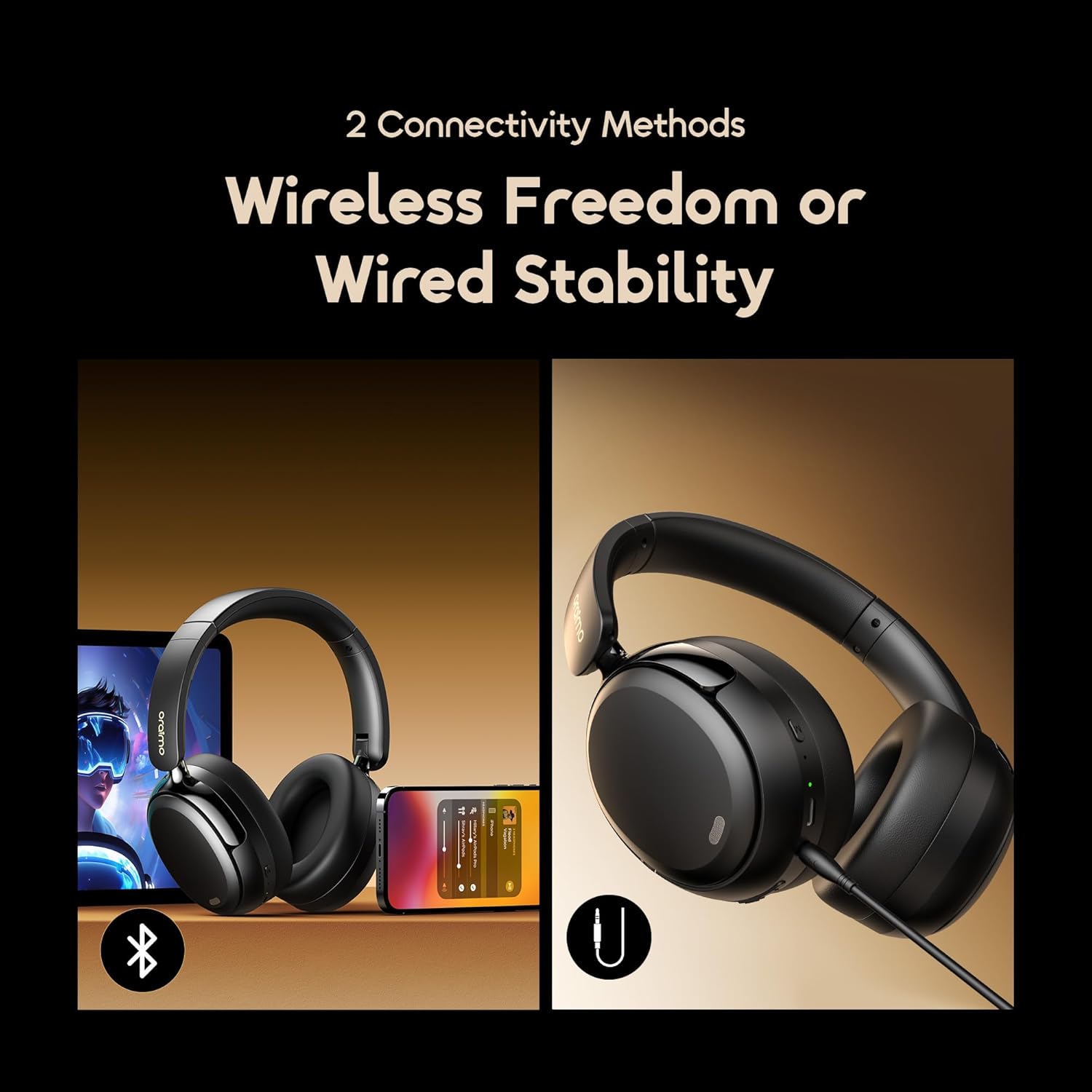 Oraimo Active Noise Cancelling Over the Ear Headphones Wireless Bluetooth, 65H Playtime, 3 EQ Modes, Deep Bass, BT5.4, Wireless Headphones with Microphone for Game, Office, Travel, Black