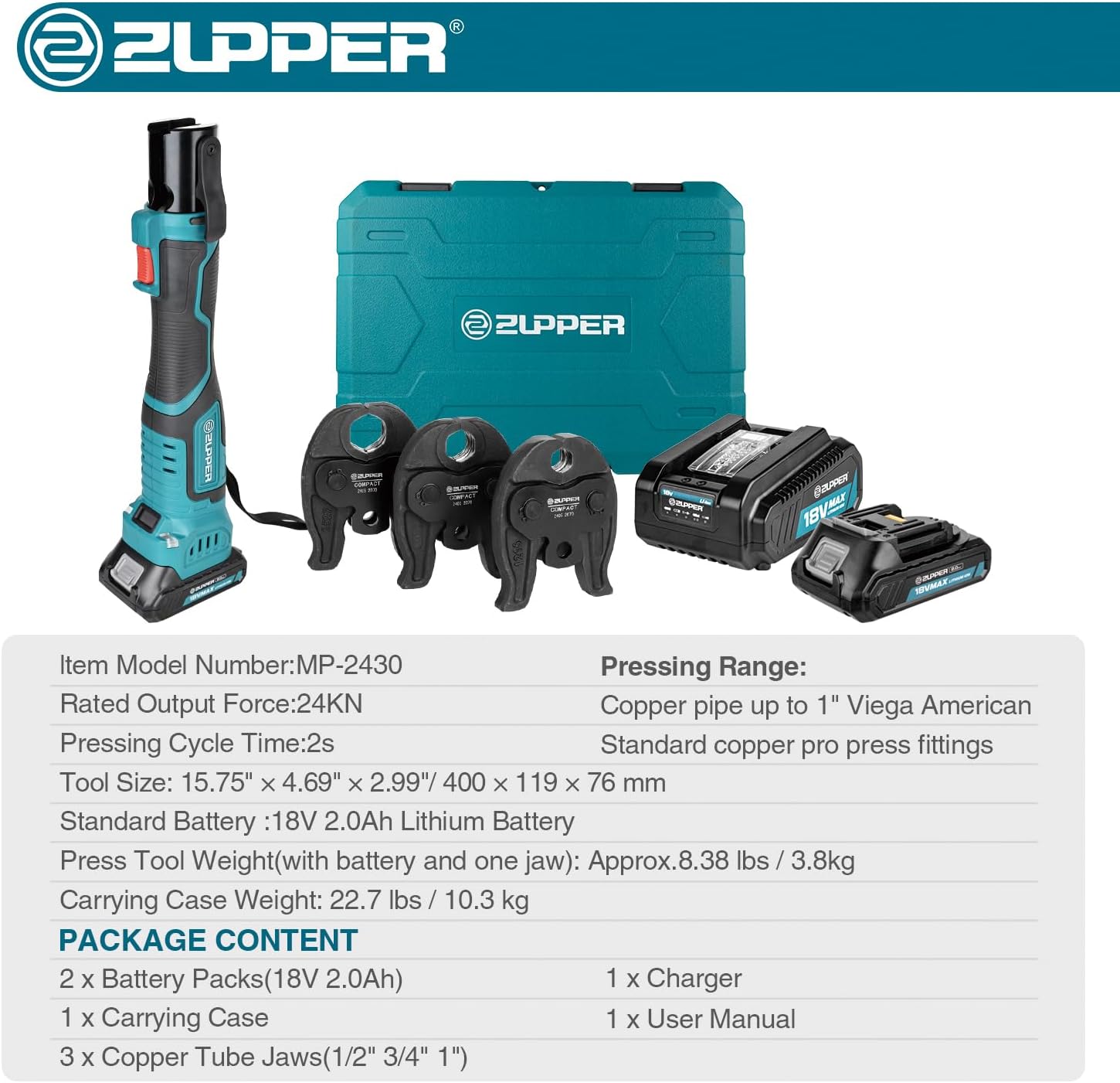 ZUPPER Press Tool, 18V Electric Pipe Crimping Tool for 1/2', 3/4', 1' Copper Pipes, Compact Press Tool Kit Suitable for Copper ProPress fittings - with Brushless Motor, 3 VUS Press Jaws, 2pcs Battery