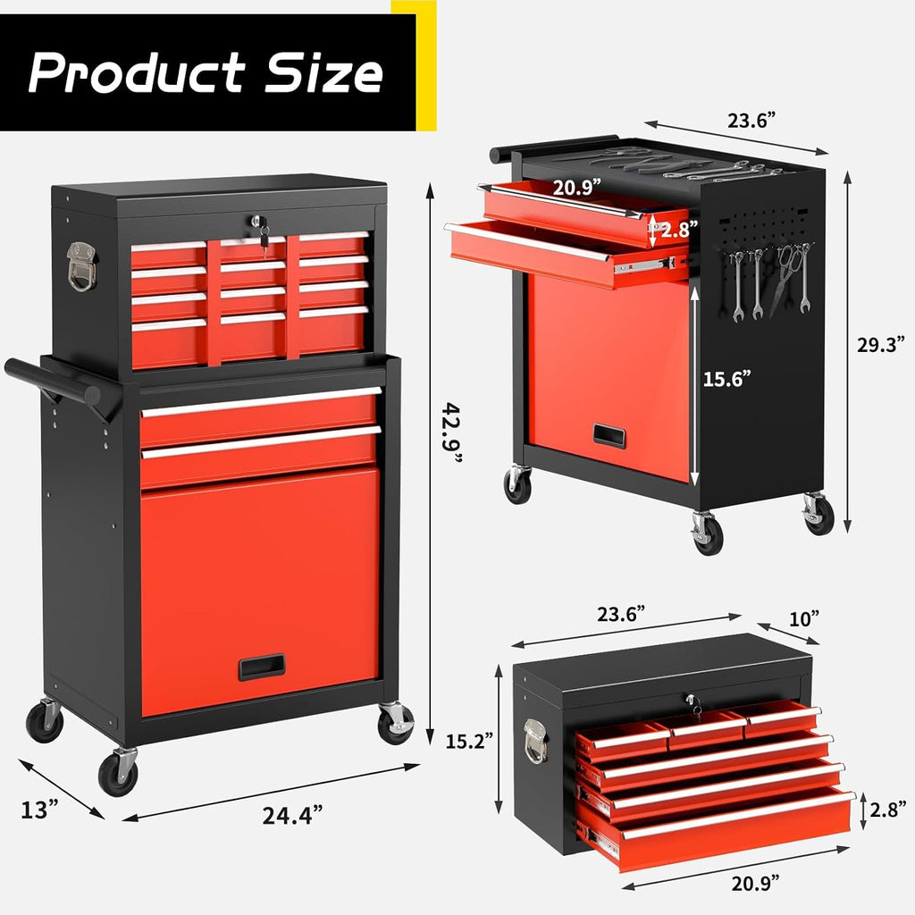 On Shine 8 Drawer Rolling Tool Chest, Large Capacity Rolling Tool Box with Wheels, Locking Mechanical Tool Chest, Portable Tool Box with Sliding Drawers for Garage Workshop and Tool Room (Black Red)