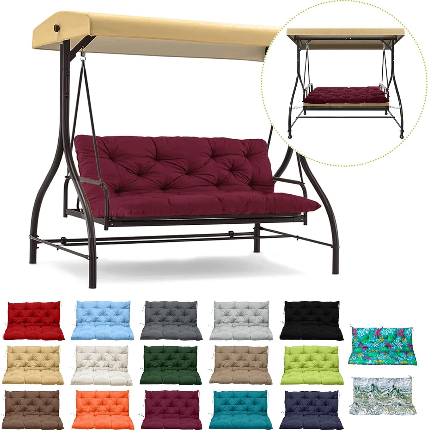 Waterproof Porch Swing Cushion Replacement, Thick 4' 2–3 Seat Outdoor Swing Seat Cushion with Backrest & Ties for Patio, Garden & Porch(Claret 40 * 60 in)