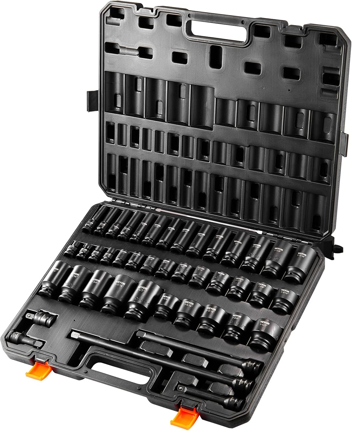 VEVOR Impact Socket Set 1/2' Socket Set 43 Piece Deep & Shallow SAE 3/8' to 1-1/2', 6 Point Cr-Mo Alloy Steel for Auto Repair, Easy-to-Read Size Markings, Rugged Construction, Storage Case
