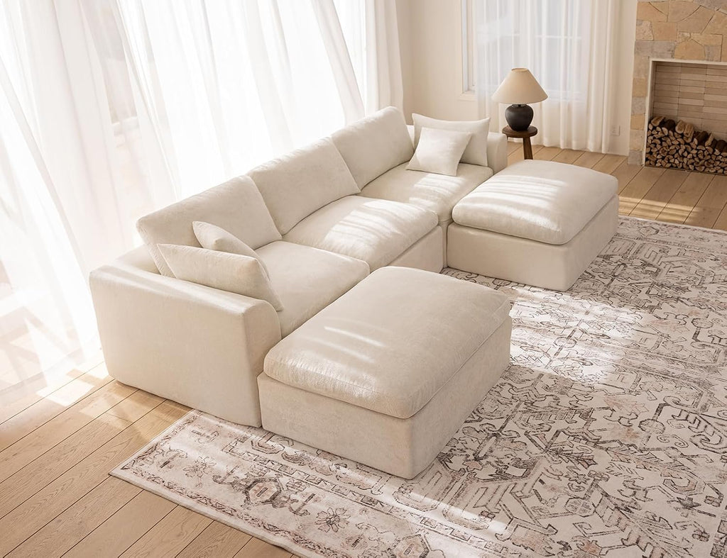 115' Modular Sectional Sofa, Modern Cloud Sectional Couch with Deep Seat, U Shape Boneless Couch for Living Room, No Assembly Required, Warm White(3 Seater + 2 Ottoman)