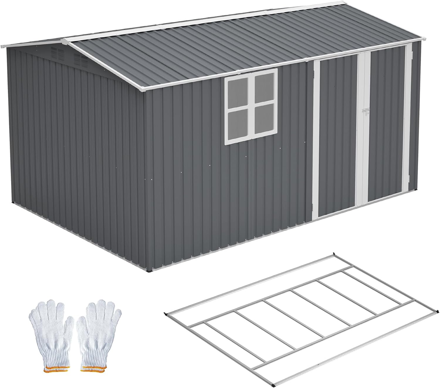 8X12 FT Outdoor Storage Shed,Metal Shed with Window,Floor Frame & Lockable Door,Garden Tool House with Vents & Sloped Roof,Waterproof Outside Storage Building for Backyard, Patio
