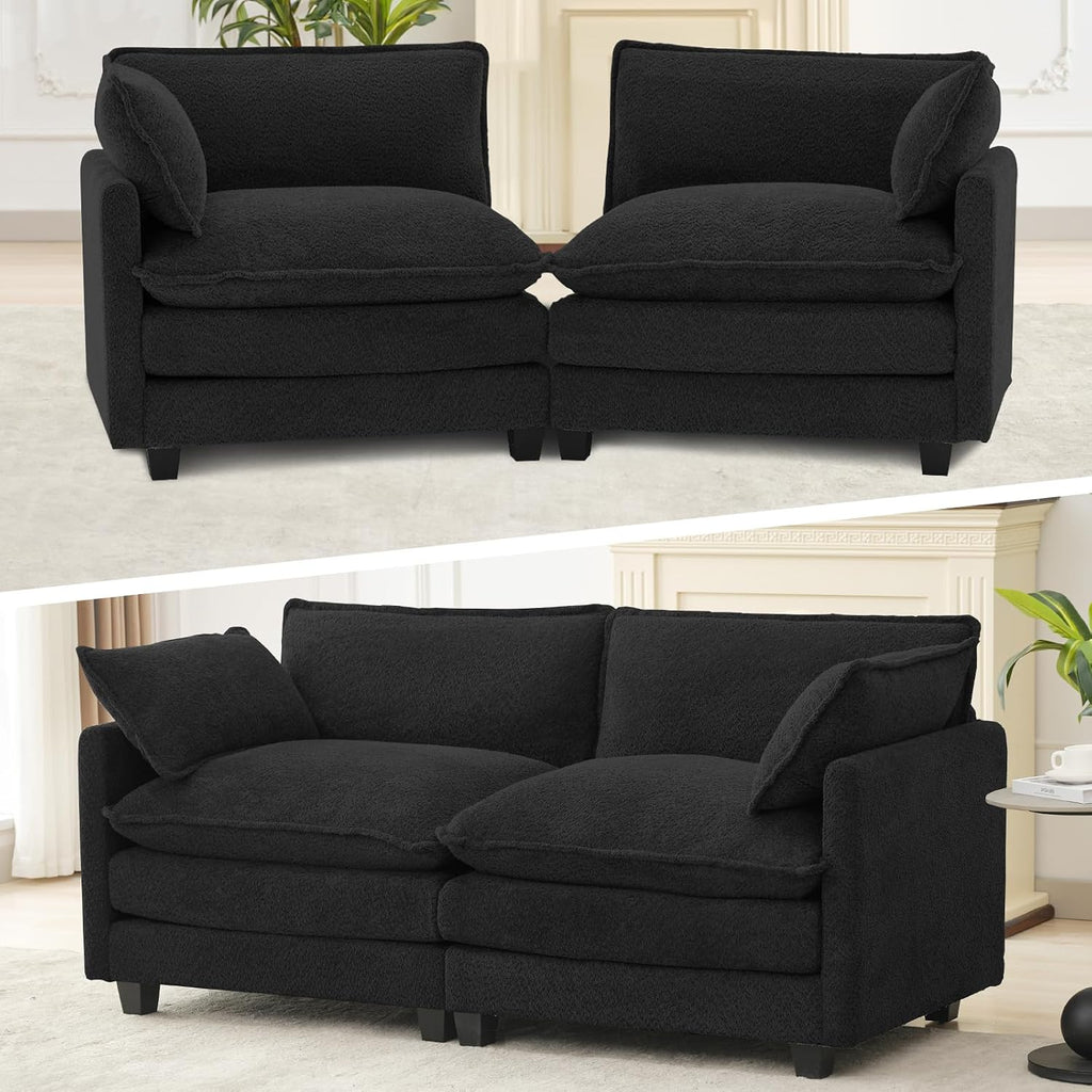 ROWHY Modular Loveseat Sectional Sofa, 78' Upholstered Loveseat, 2 Deep Seat Sofa Couch with 2 Throw Pillows for Small Space, Modern Comfy Cloud Couch for Living Room, Chenille, Black
