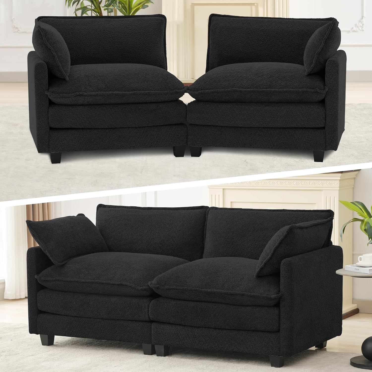 ROWHY Modular Loveseat Sectional Sofa, 78' Upholstered Loveseat, 2 Deep Seat Sofa Couch with 2 Throw Pillows for Small Space, Modern Comfy Cloud Couch for Living Room, Chenille, Black
