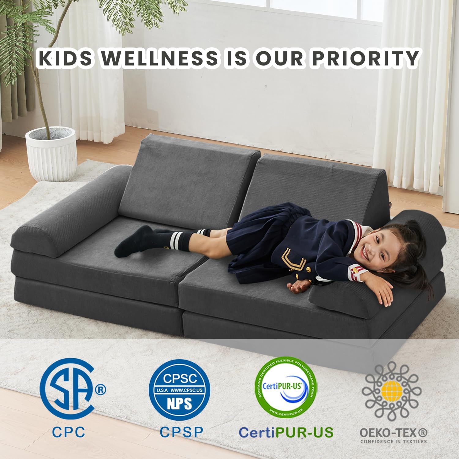 jela Kids Couch Safety Certified Play Couch Soft Kids Sofa with Machine Washable Cover Thick Foam Fort Building Set for Playroom Indoor 57x28x18 Inch (Corduroy, Darkgrey)
