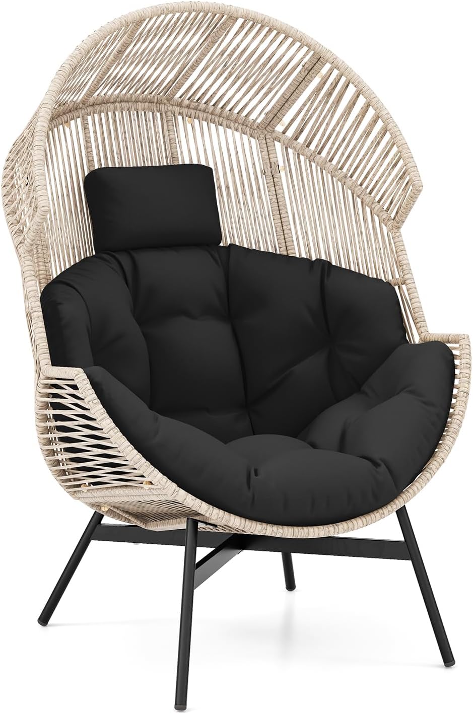 Tangkula Oversized Egg Style Chair, Wicker Stationary Patio Egg Chair w/Cushions & Headrest, Heavy-Duty Metal Frame, Patio Lounge Basket Sofa Chair for Yard, Porch, Living Room
