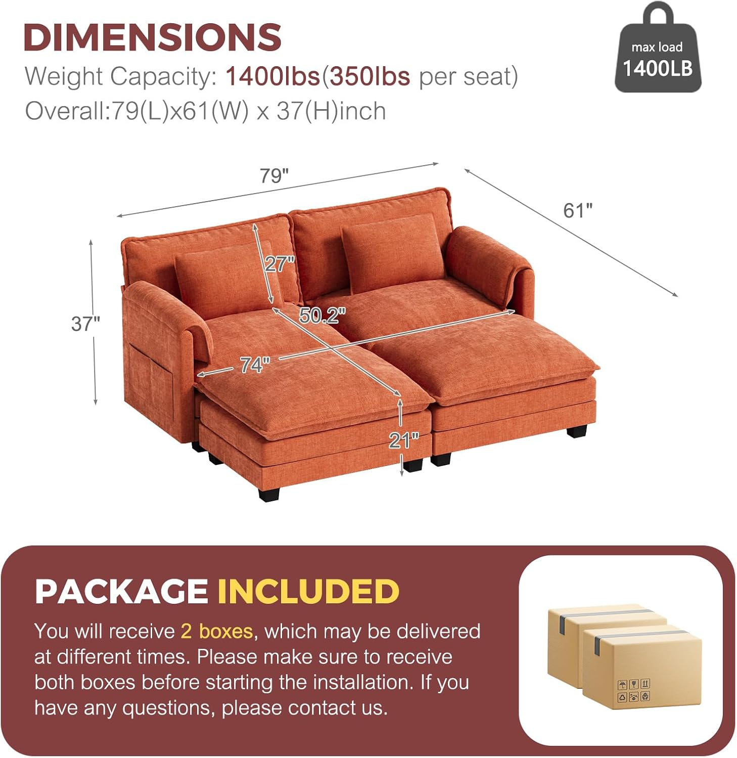ELUCHANG Oversized 79' Modular Sectional Sofa Bed, Comfy Cloud Couch for Living Room, Modern Sofa with 2 Ottoman, Apartment Couch, DIY Combination - Chenille Terracotta