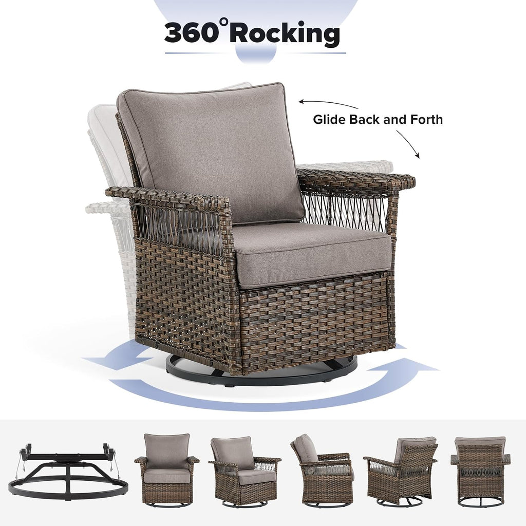 Outdoor Patio Rocking Swivel Chairs - 3PC Wicker Patio Bistro Rocker Chair Set,Rattan Glider Chair with Sturdy Frame,All-Weather PE Wicker and Cushions,1 Side Table for Deck Porch Balcony(Brown/Grey)