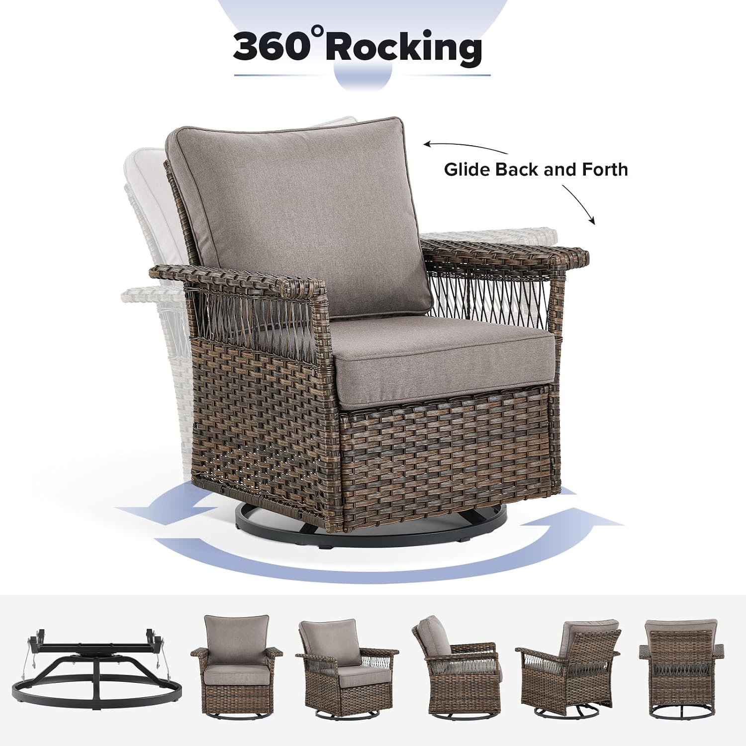 Outdoor Patio Rocking Swivel Chairs - 3PC Wicker Patio Bistro Rocker Chair Set,Rattan Glider Chair with Sturdy Frame,All-Weather PE Wicker and Cushions,1 Side Table for Deck Porch Balcony(Brown/Grey)