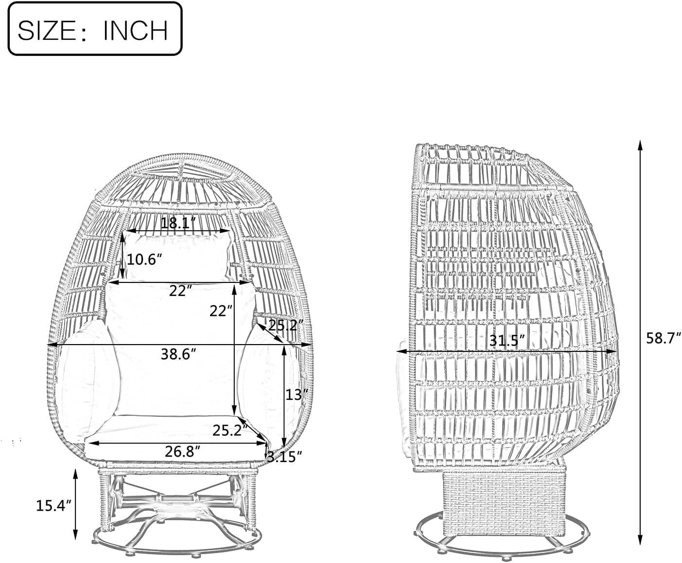 Outdoor Swivel Chair with Cushions, Rattan Egg Patio Chair with Rocking Function for Balcony, Poolside and Garden