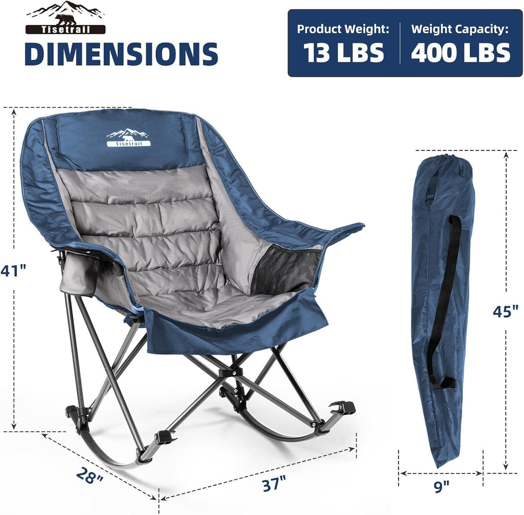 Oversized Rocking Camping Chairs Set of 2, Fully Padded Camp Chairs for Adults with Side Pocket and Cup Holder, Heavy-Duty 400lbs Capacity, Blue & Gray