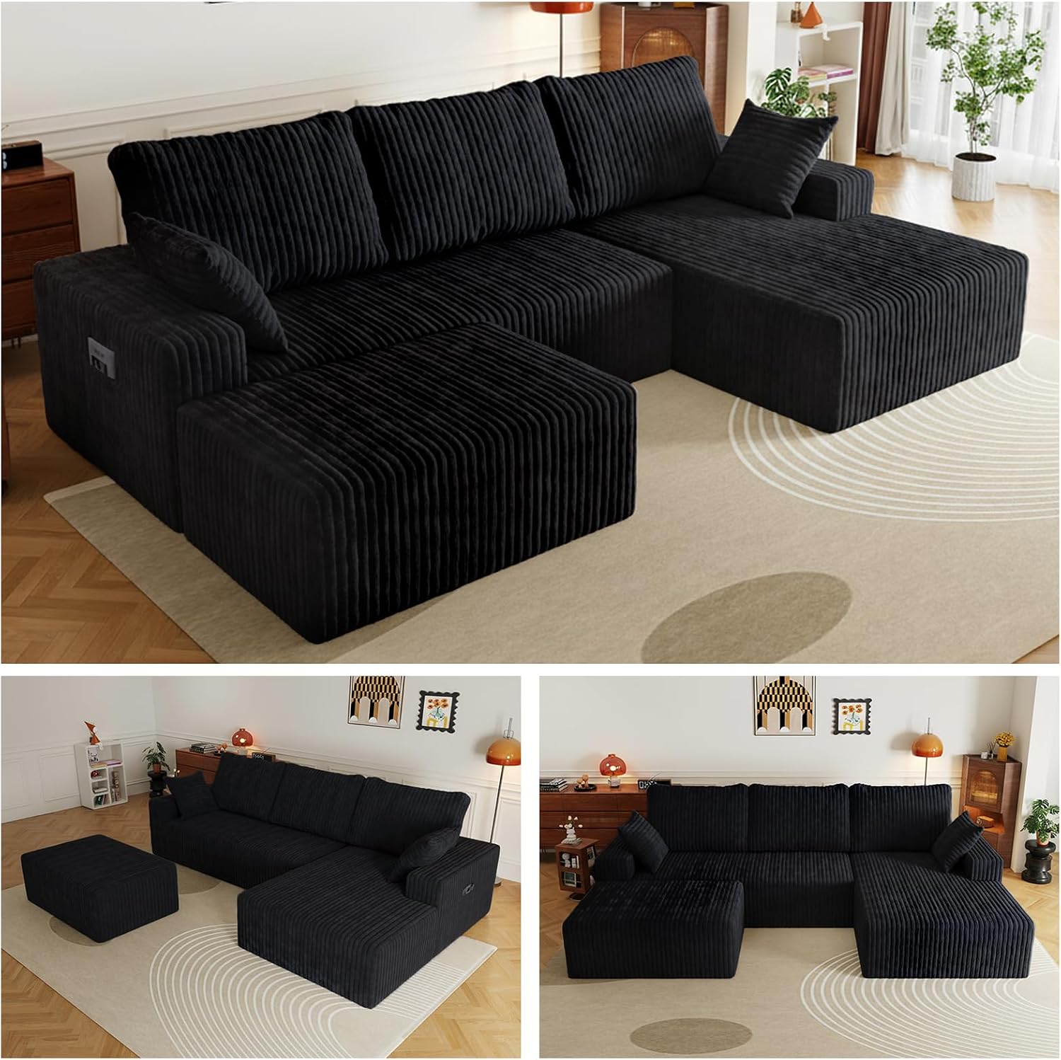 108' U-Shape Modular Sectional Cloud Couch with Ottoman, Deep Seat Boneless Couch with Oversized Chaise Lounge, Comfy Flannel Fabric Sofa for for Living Room Bedroom Apartment Game Room Basement