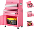 Crownland 8 Drawer Rolling Tool Chest with Wheels, Lockable 2 in 1 Detachable Tool Cabinet wit Drawers and Black Liners, Garage Top Toolbox and Bottom Storage Cart with Side Hooks,Pink