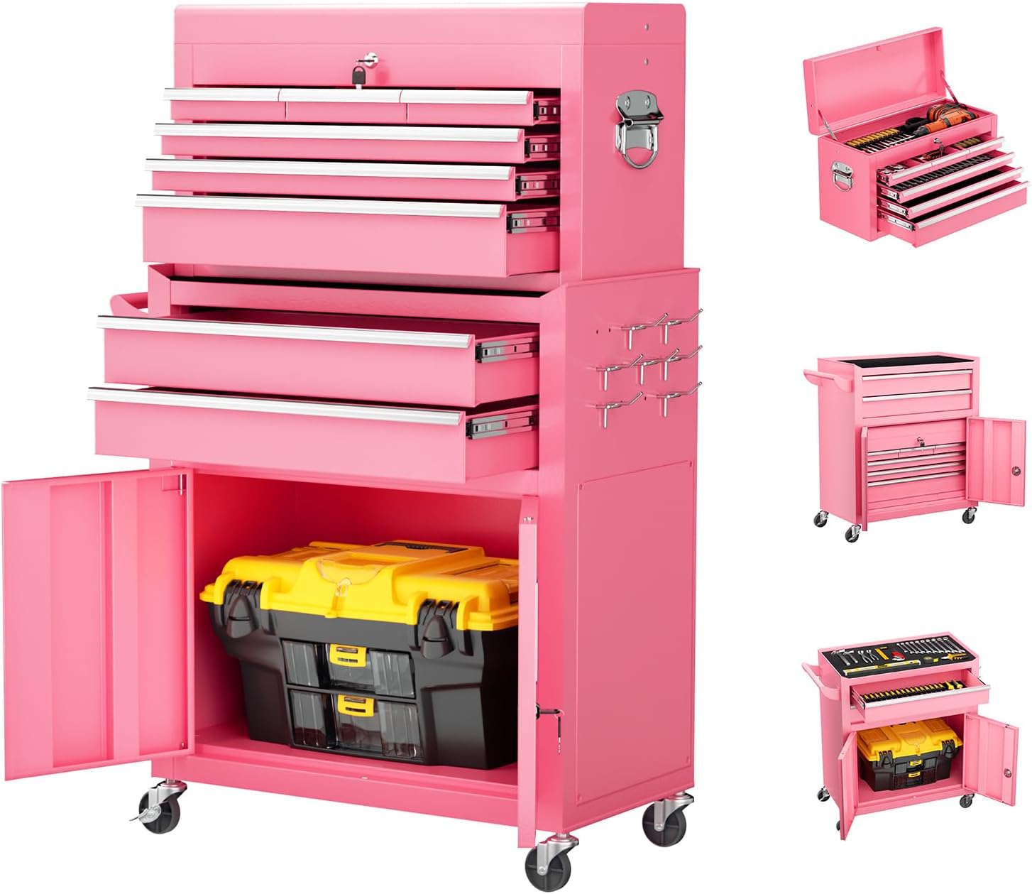 Crownland 8 Drawer Rolling Tool Chest with Wheels, Lockable 2 in 1 Detachable Tool Cabinet wit Drawers and Black Liners, Garage Top Toolbox and Bottom Storage Cart with Side Hooks,Pink