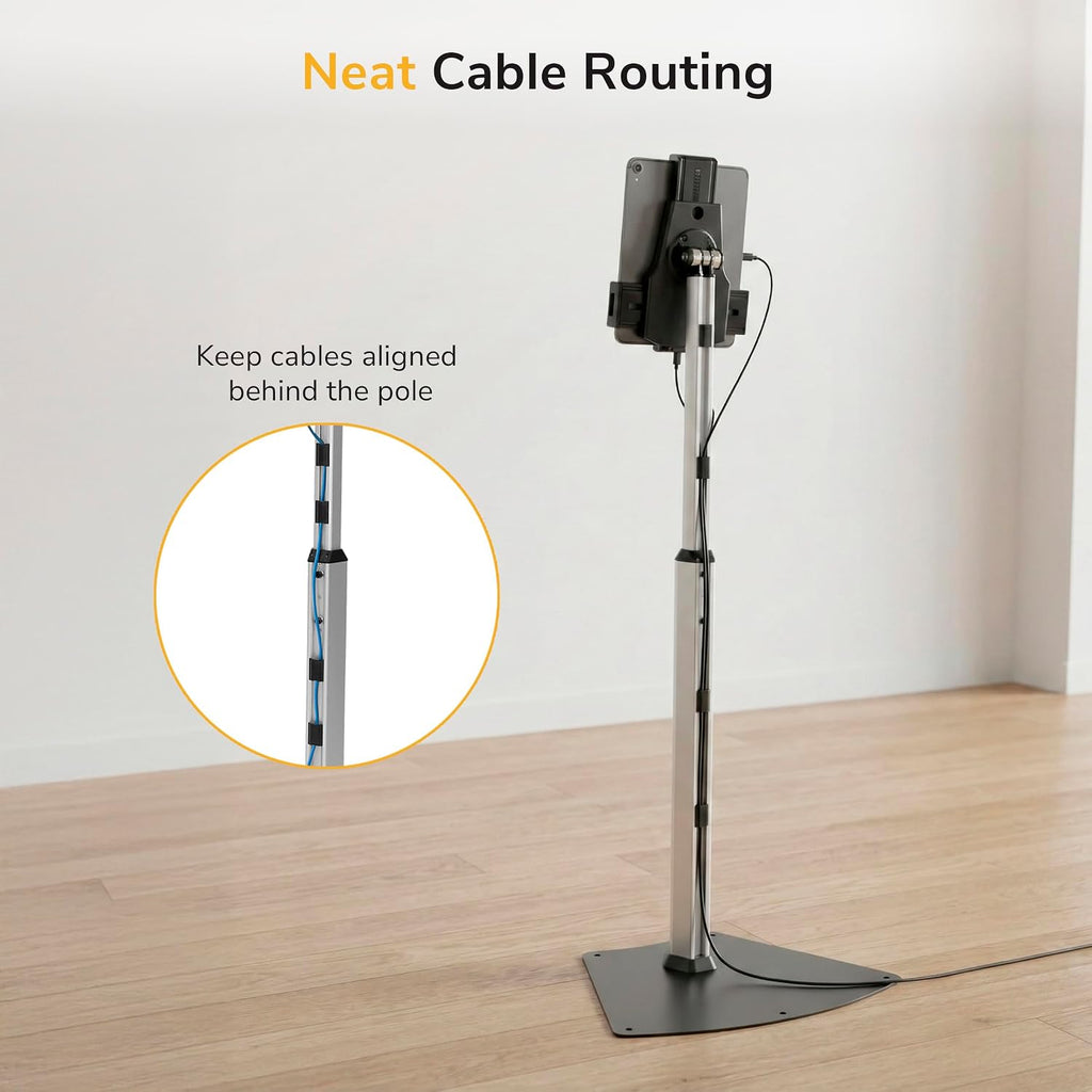Mount-It! Anti-Theft Universal iPad & Samsung Tablet Floor Stand Kiosk, Locking Clamp, Height Adjustable 24.8'–42.5', 360° Rotating POS Kiosk for 7.9'–11' Tablets, Silver