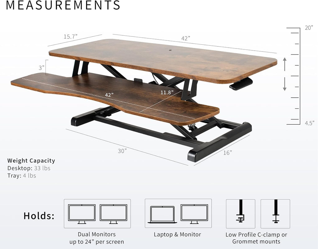 VIVO 42 inch Desk Converter, K Series, Height Adjustable Sit to Stand Riser, Dual Monitor and Laptop Workstation with Wide Keyboard Tray, Rustic Vintage Brown Top, Black Frame, DESK-V042KN