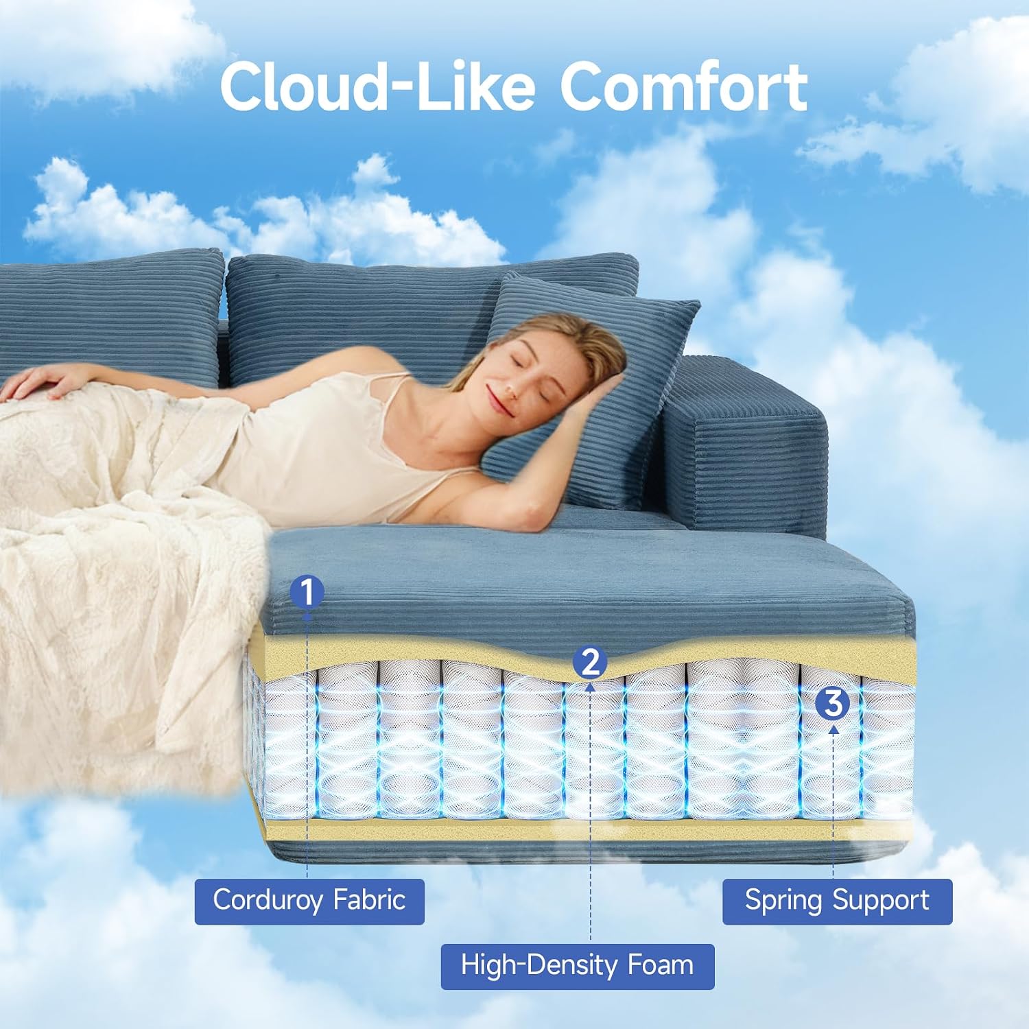 Brage Living 2025 New 108' Cloud Couch Sectional, Comfy Boneless Modular Sectional Sofa with L-Shaped Chaise, Deep Seat Couch for Living Room, No Assembly Required (Blue, Chaise Ottoman)