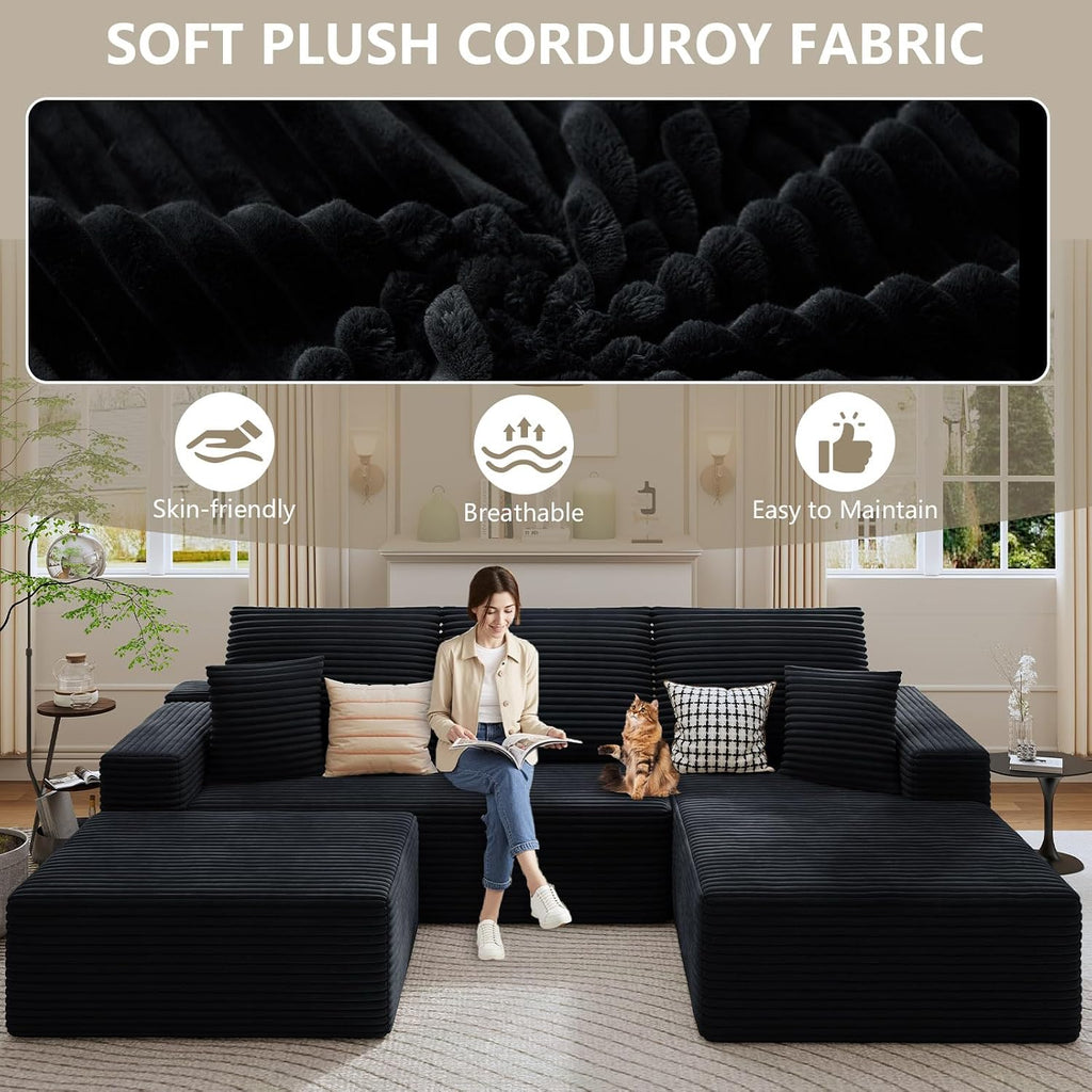 107' Cloud Sectional Couch with U-Shaped Chaise, Corduroy Sectional Sofa with Ottoman, Boneless Couch with Deep Seat in a Box for Living Room, No Assembly Required (Black, Right Facing Chaise)