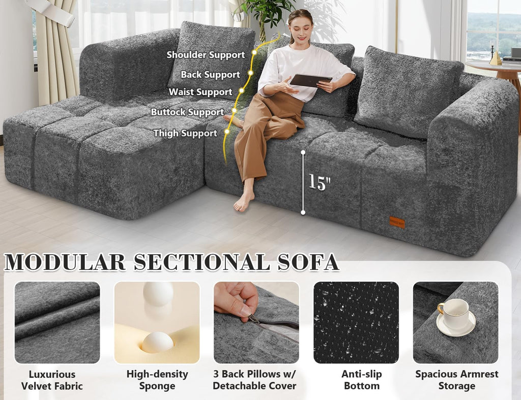 HABUTWAY 103' L-Shaped Modular Sectional Sofa, No Assembly Required Deep Seat Couch with 3 Pillows, Soft Fabric Upholstered, Modern Chaise Lounge for Living Room, Bedroom, Grey