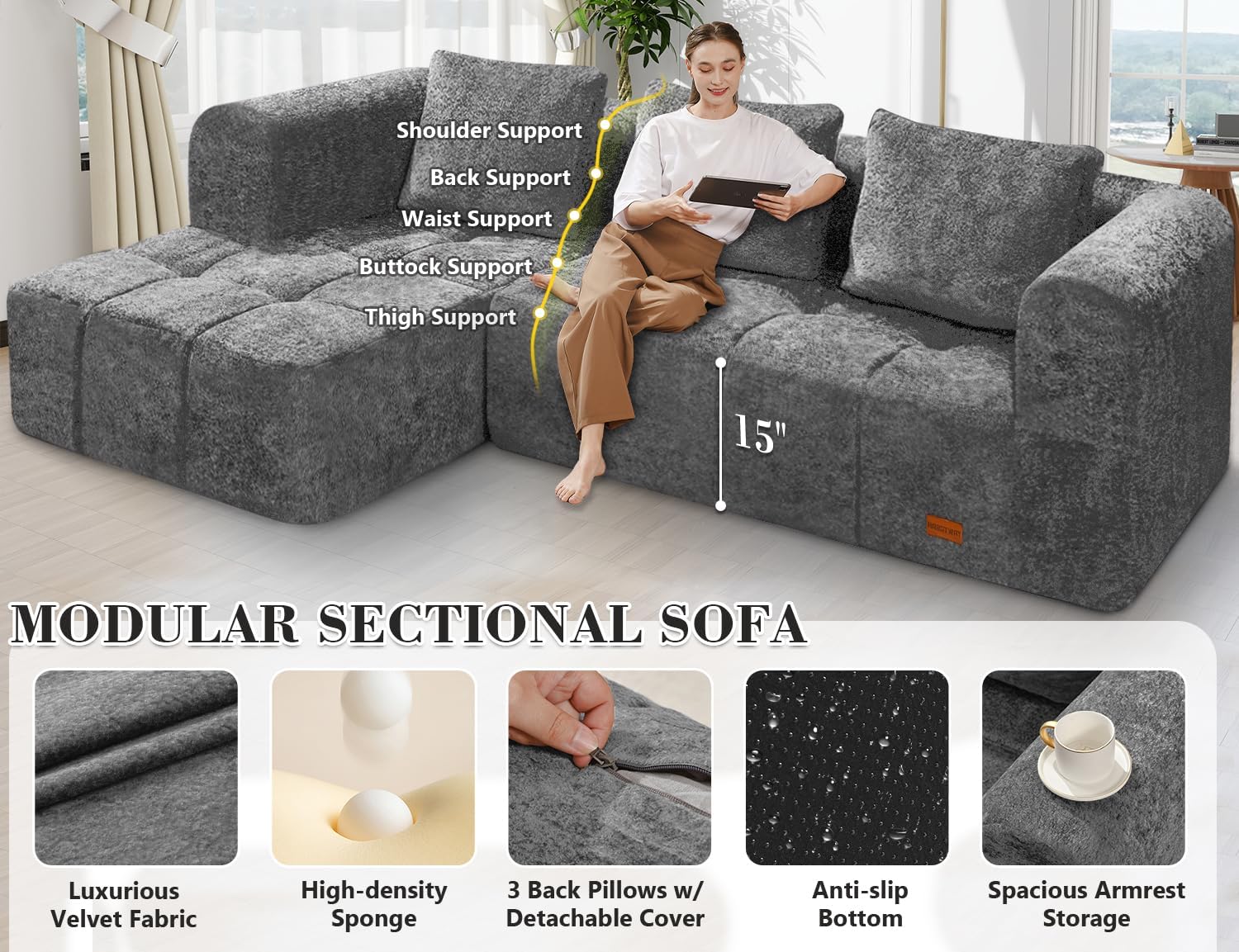 HABUTWAY 103' L-Shaped Modular Sectional Sofa, No Assembly Required Deep Seat Couch with 3 Pillows, Soft Fabric Upholstered, Modern Chaise Lounge for Living Room, Bedroom, Grey