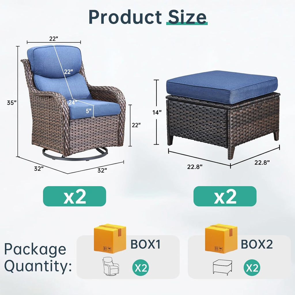Outdoor Swivel Rocker Patio Chairs with 2 Ottomans - 5' Thick Cushion 4 Piece Furniture Set All Weather Comfortable Wicker Conversation Set for Porch Poolside and Deck - Brown-Blue