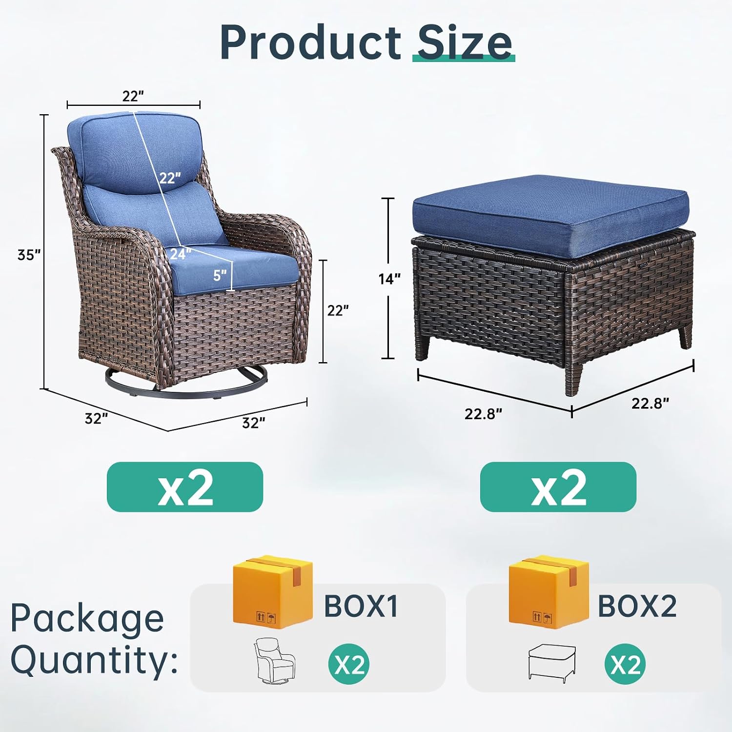 Outdoor Swivel Rocker Patio Chairs with 2 Ottomans - 5' Thick Cushion 4 Piece Furniture Set All Weather Comfortable Wicker Conversation Set for Porch Poolside and Deck - Brown-Blue