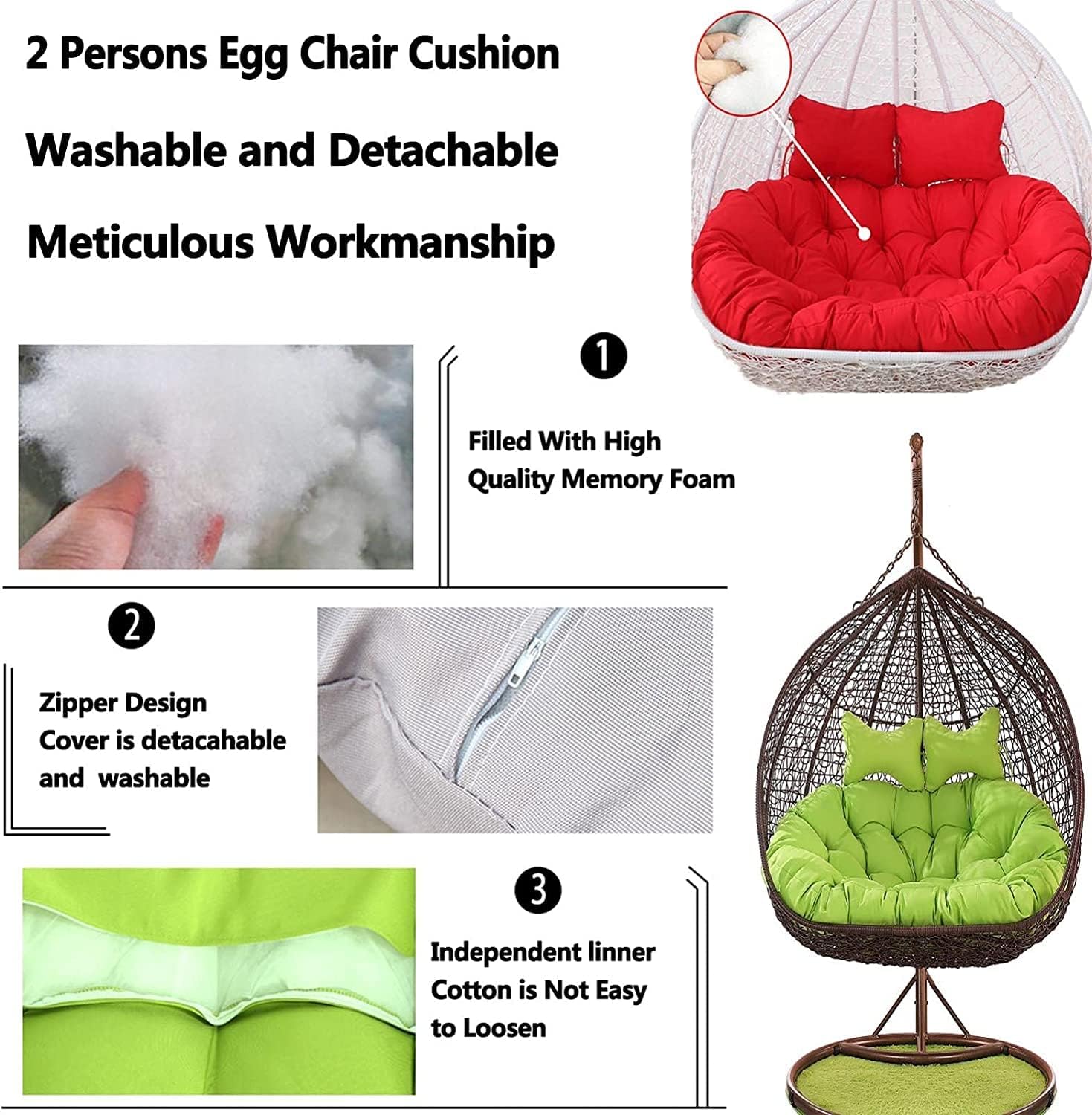 GARCAN Large Egg Chair Swing Cushion, Hanging Hammock Chair Cushion Replacement,Washable Thick Persons Wicker Outdoor Swing Cushions, Waterproof and Sun-Resiatant,C