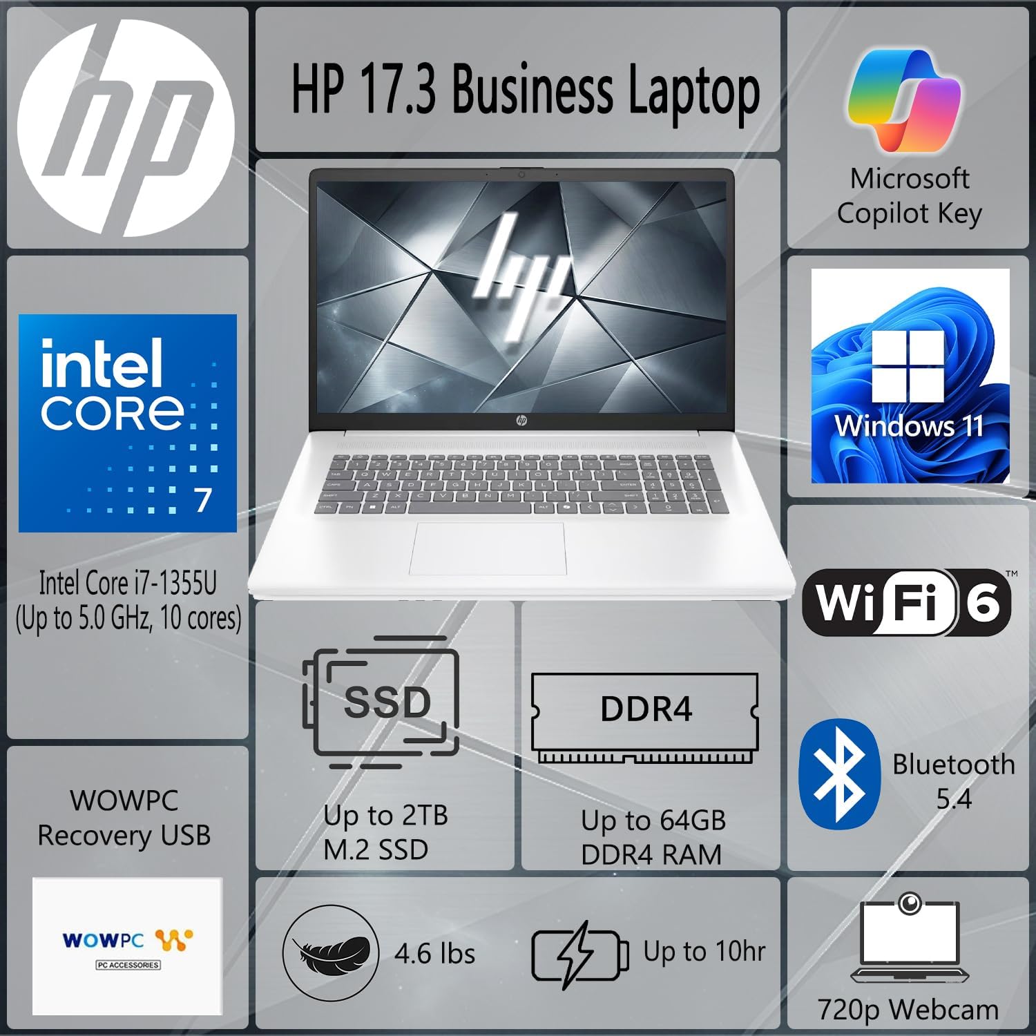 HP 17.3' FHD Business Laptop 2025/2026, Intel 13th 10-Core i7-1355U (Up to 5.0 GHz), 16GB RAM, 1TB SSD, Long Battery Life, USB-C, Wi-Fi 6, HDMI, Copilot Key, Windows 11 Home, WOWPC USB, w/o Earbuds