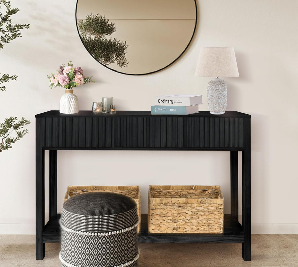 Fluted Console Table, Long Console Tables for Entryway 48' Vanity Desk, Black Boho Entry Table Narrow Modern Hallway Table Modern Sofa Table for Living Room